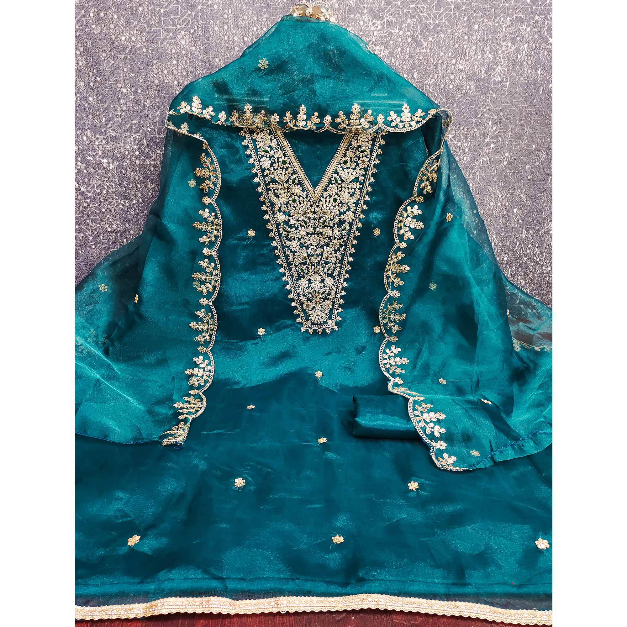 Rama Blue Organza Fabric With Delicate Floral Cording Embroidery & Shimmering Sequins Work - Image 4