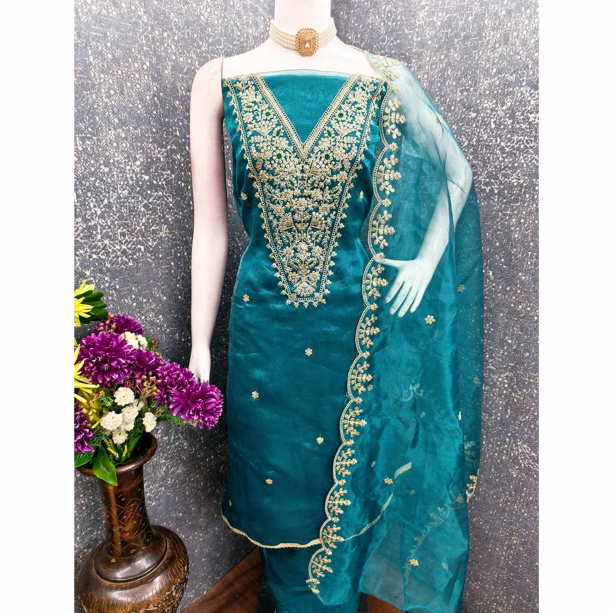 Rama Blue Organza Fabric With Delicate Floral Cording Embroidery & Shimmering Sequins Work - Image 5