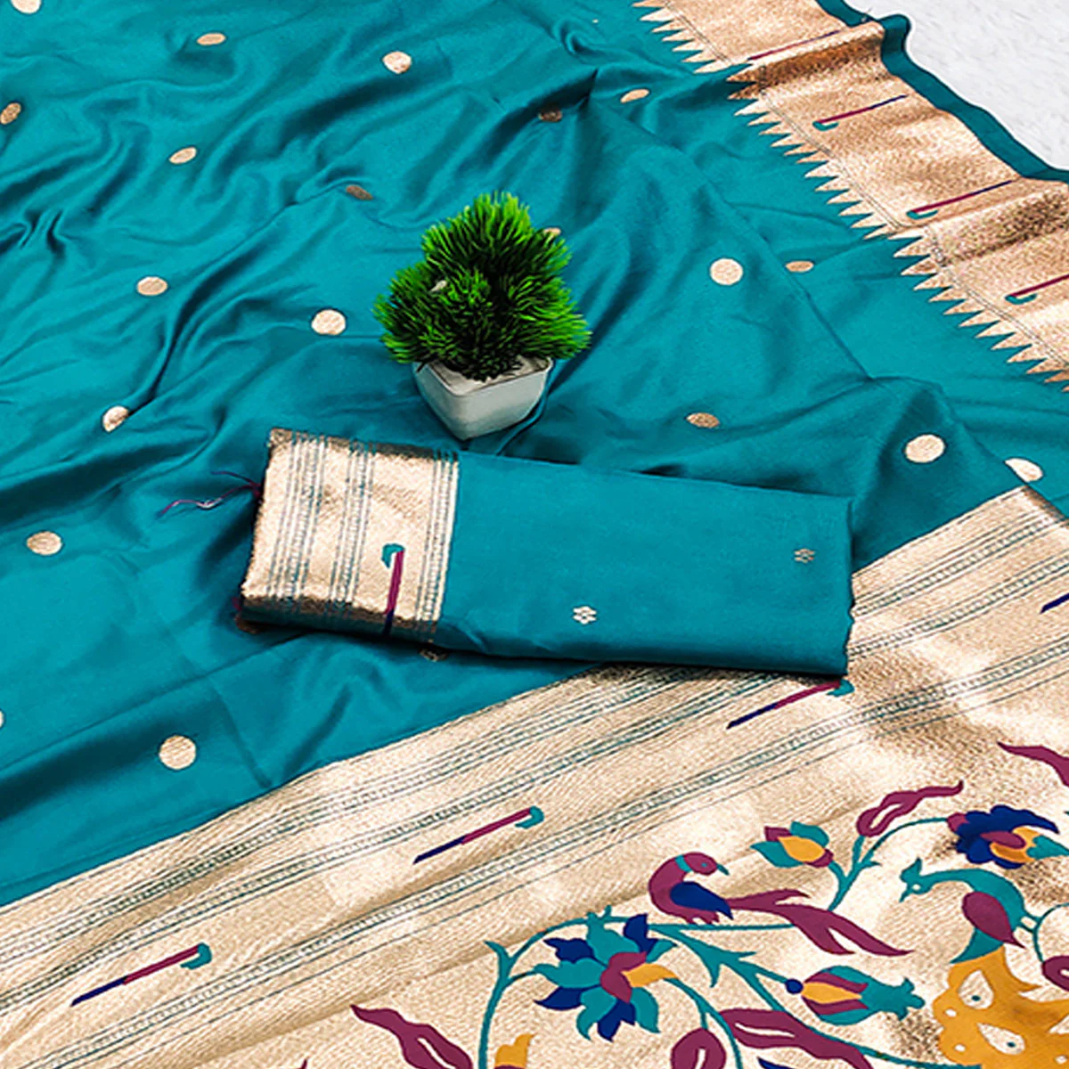 Rama Blue Paithani Style Cotton Silk Saree with Golden Zari Detailing - Image 2