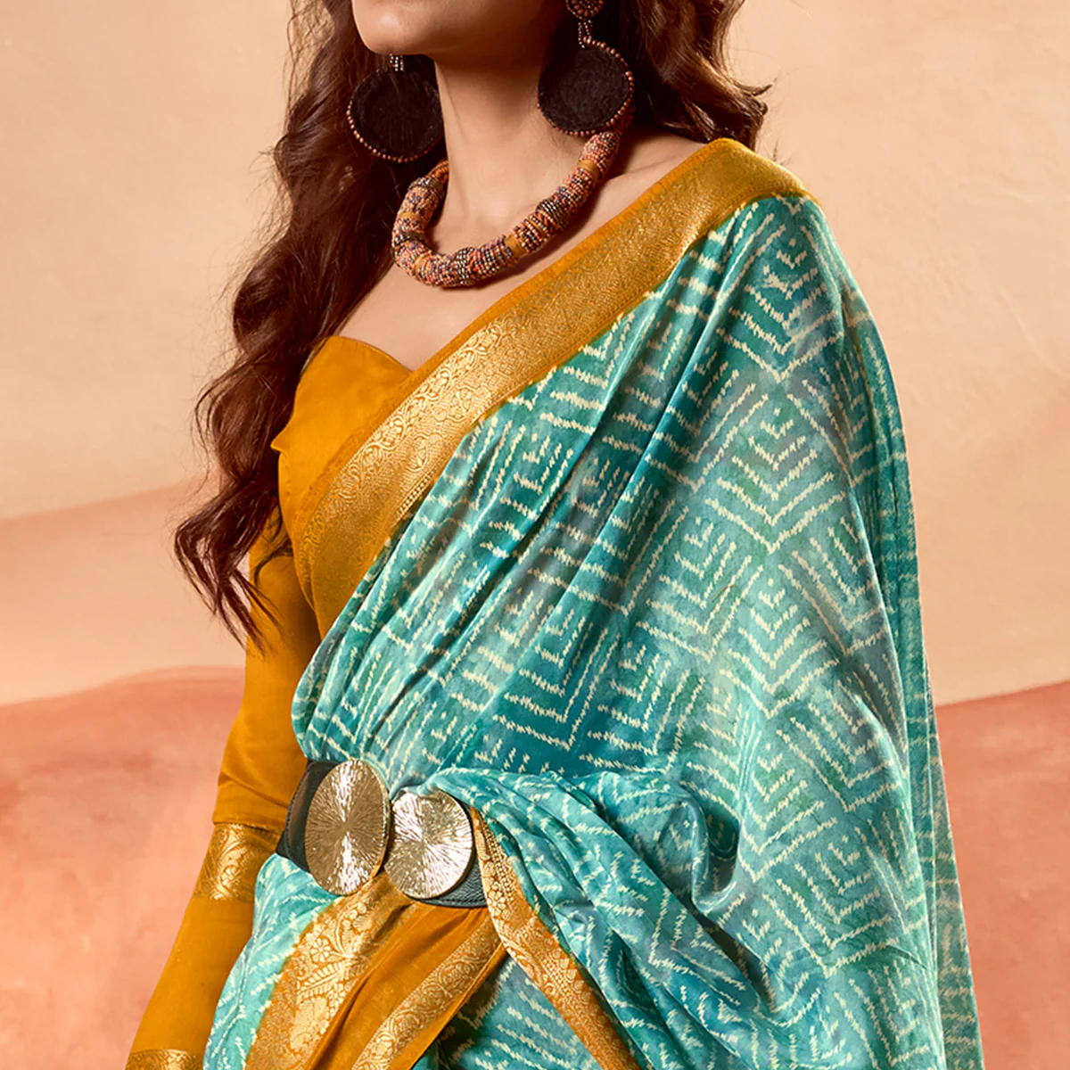 Rama Blue Printed Cotton Silk Saree With Zari Border - Image 2