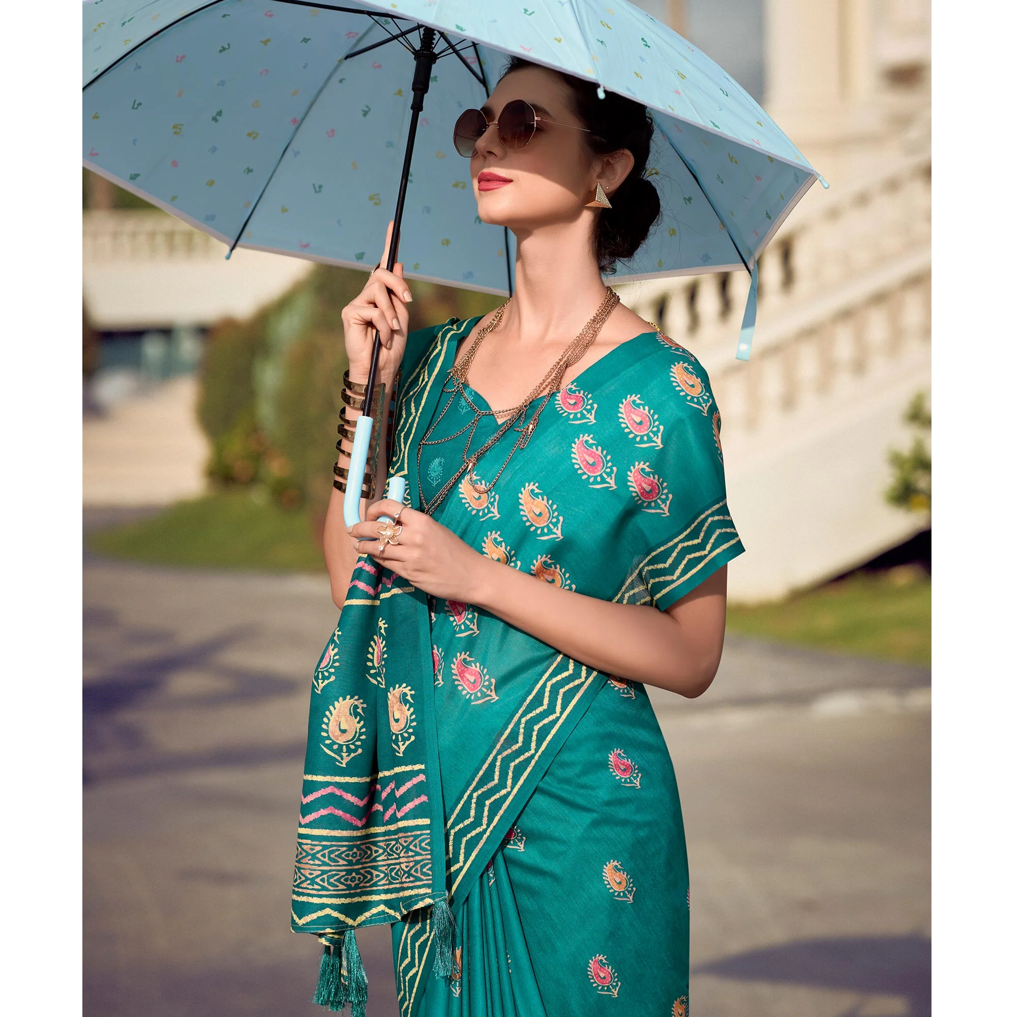 Rama Blue Printed Mul Pure Silk Saree - Image 4