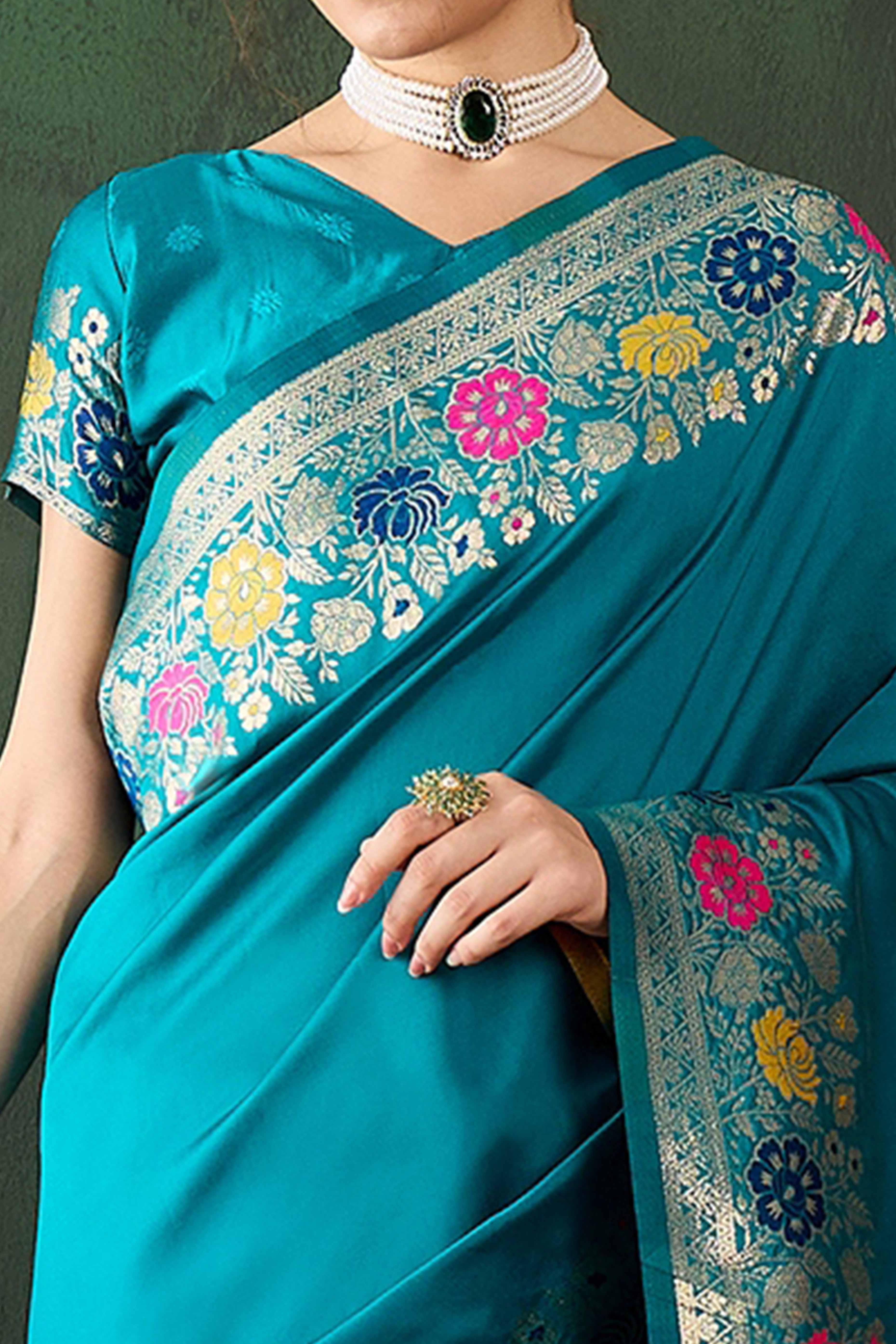 Rama Blue Saree In Poly Silk Blend Featuring Floral Zari Weaving & Tassel Accents - Image 2