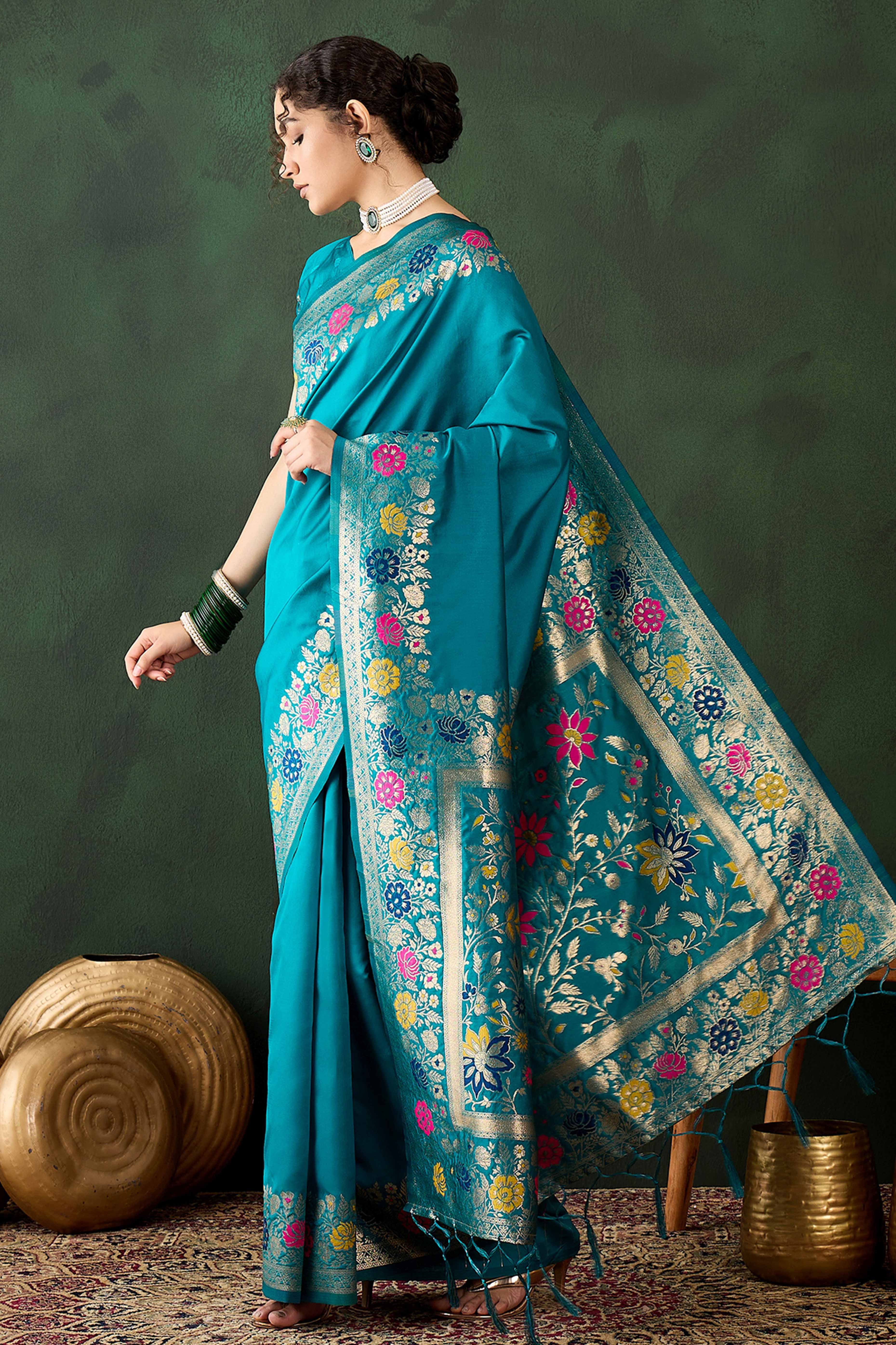 Rama Blue Saree In Poly Silk Blend Featuring Floral Zari Weaving & Tassel Accents - Image 4