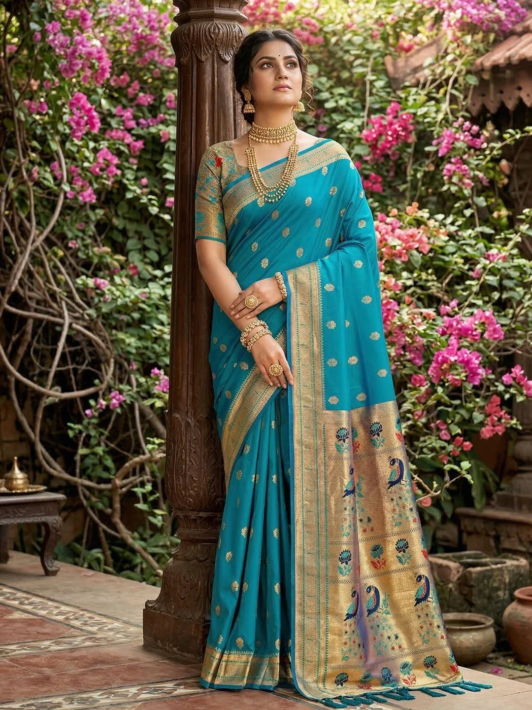 Rama Blue Silk Blend Saree with Peacock Zari Work in Paithani Style