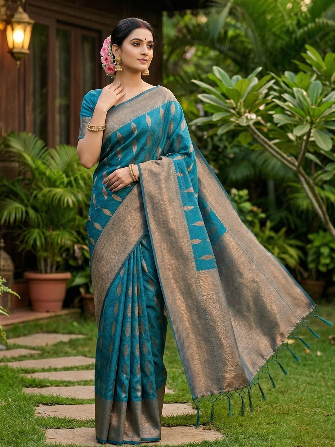 Rama Blue Silk Blend Saree with Woven Design and Zari Border