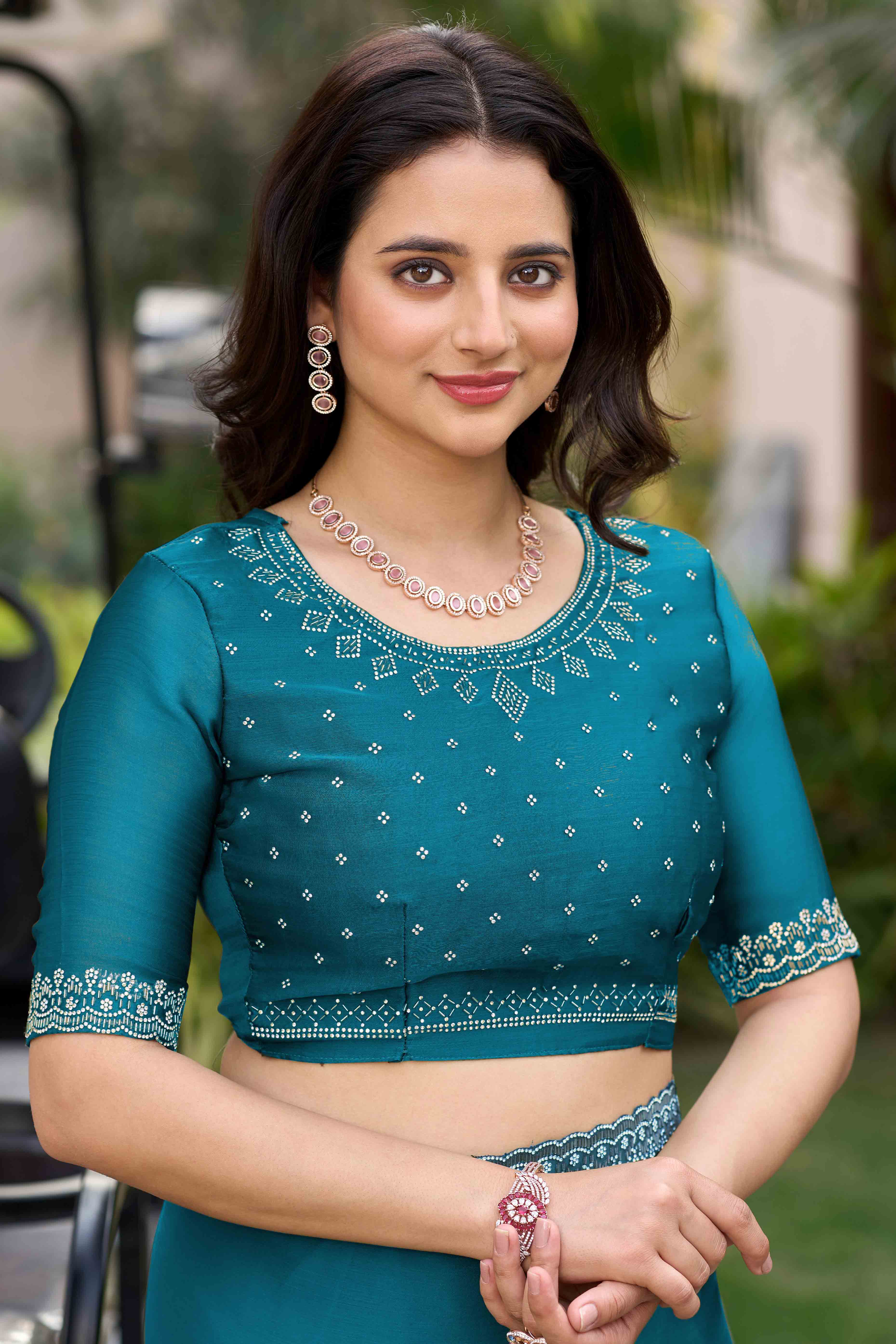 Rama Blue Solid Satin Chiffon Saree With Cutdana & Zarkan Handwork - Image 7