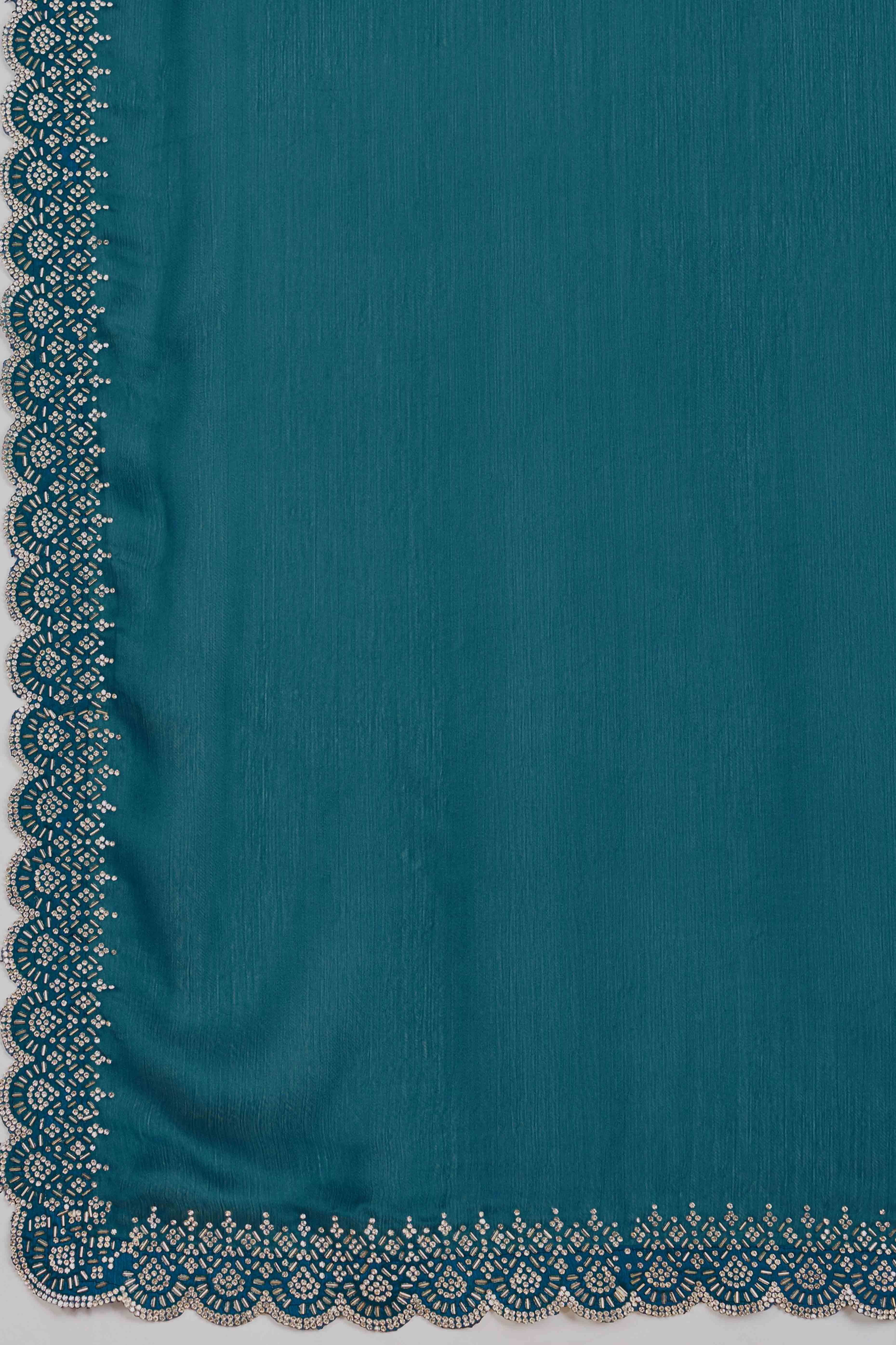 Rama Blue Solid Satin Chiffon Saree With Cutdana & Zarkan Handwork - Image 8