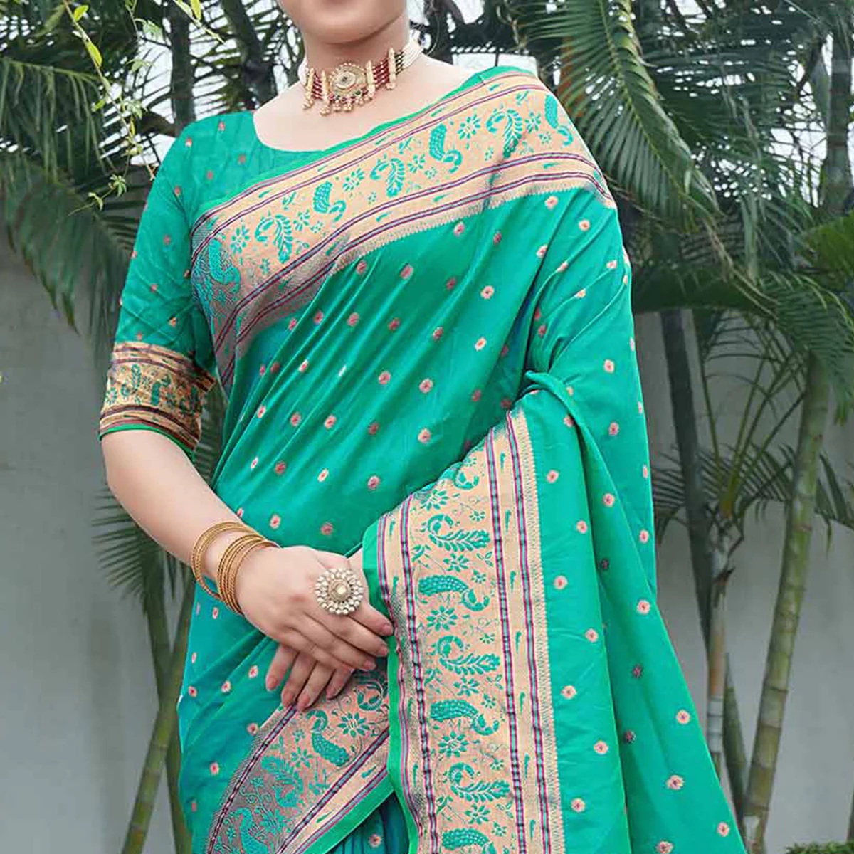Rama Blue Woven Paithani Art Silk Saree - Image 3