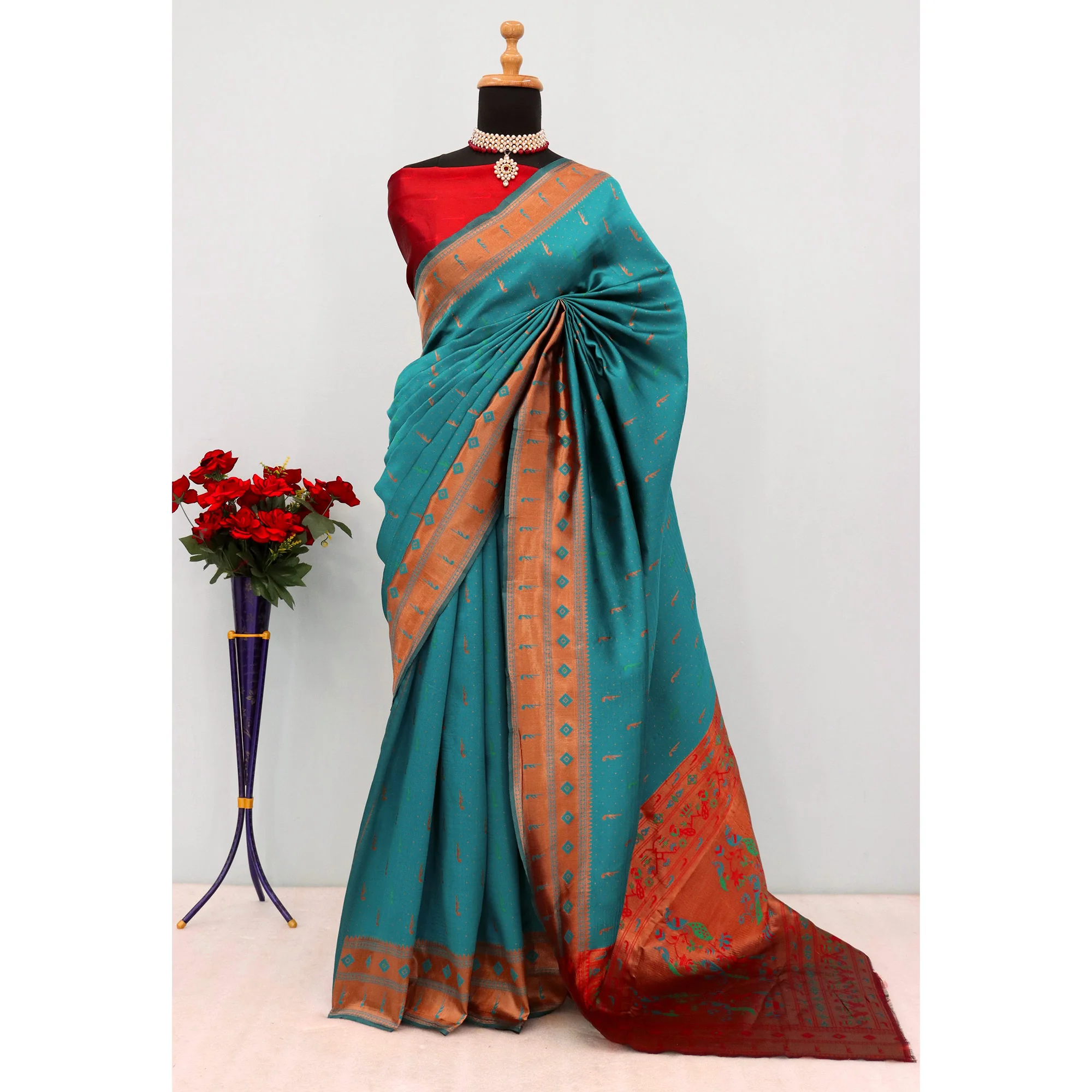 Rama Blue Woven Pure Silk Paithani Saree - Image 3
