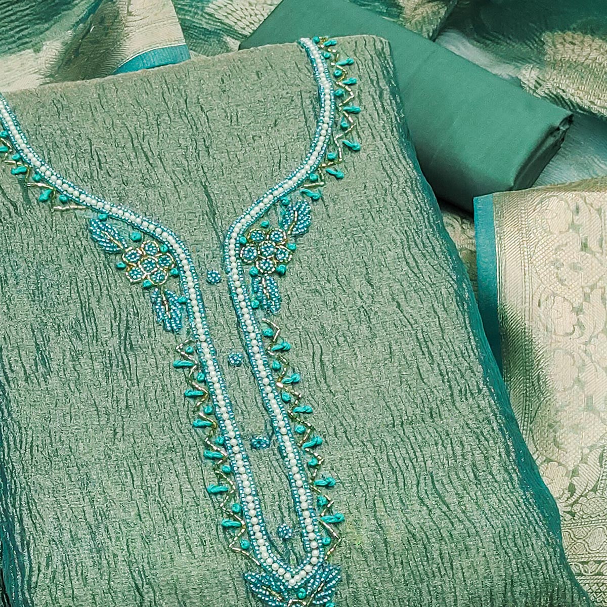 Rama Blue Woven With Handwork Crush Tissue Dress Material - Image 2