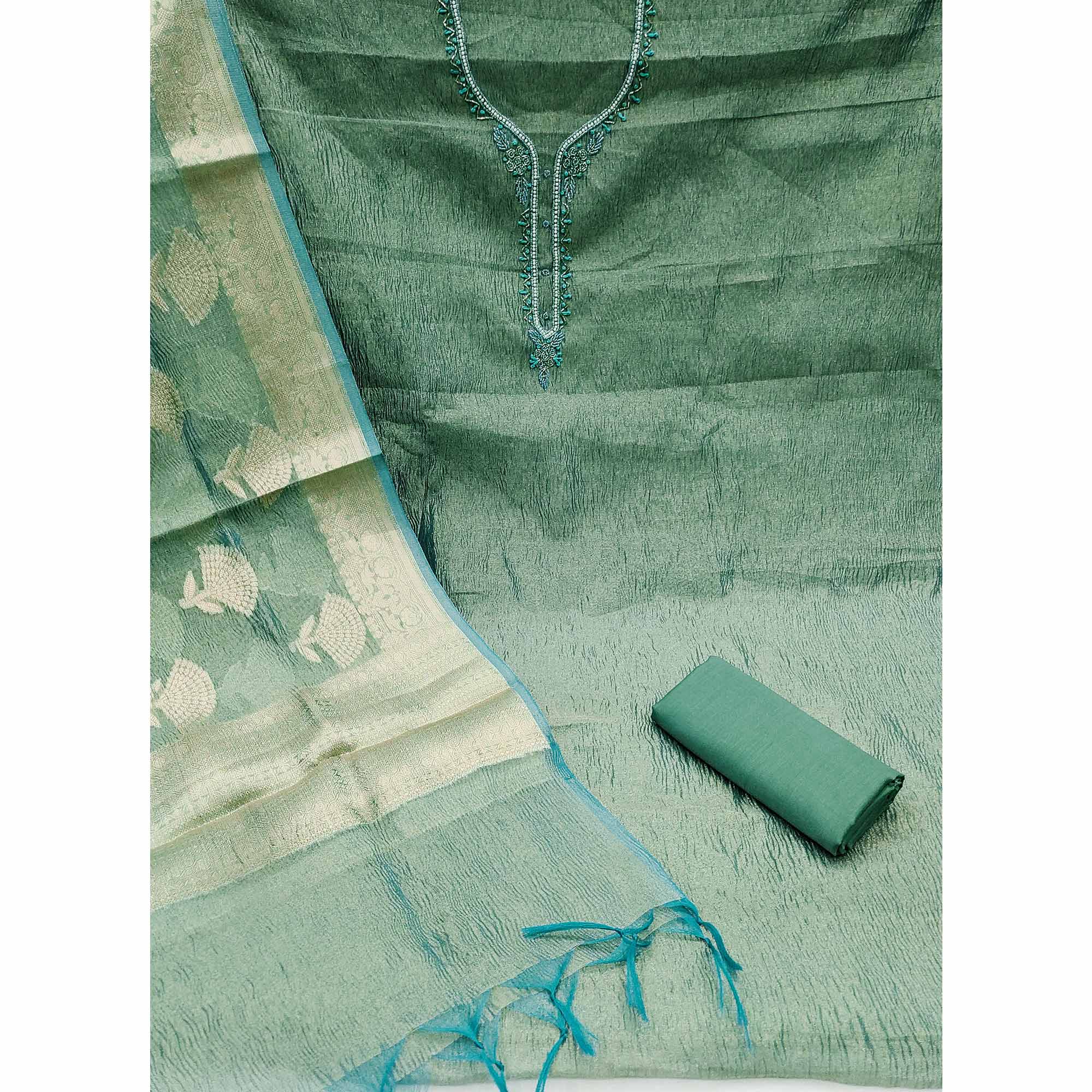 Rama Blue Woven With Handwork Crush Tissue Dress Material - Image 3