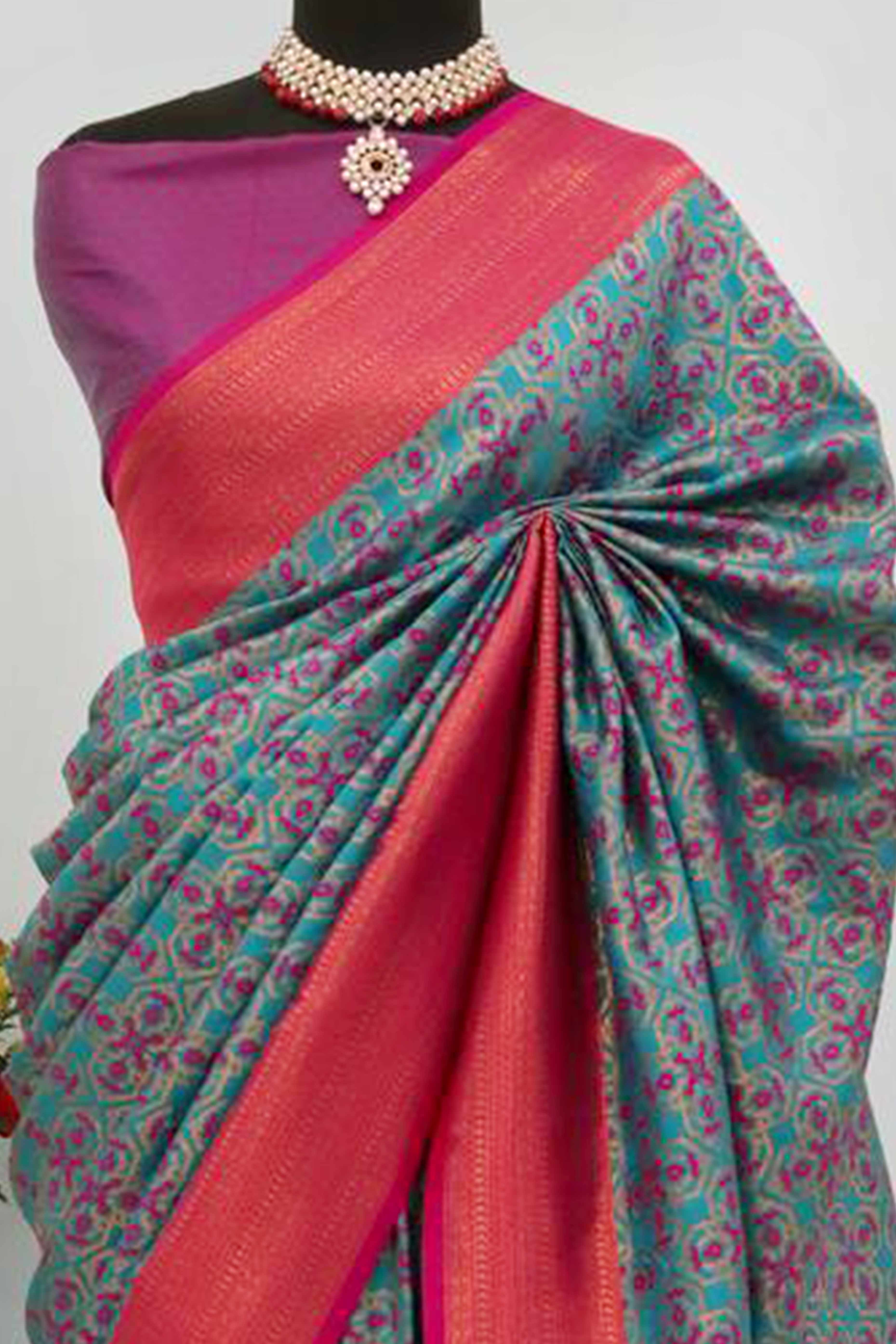 Rama Blue Zari Woven With Butti Work Banarasi Silk Saree - Image 2