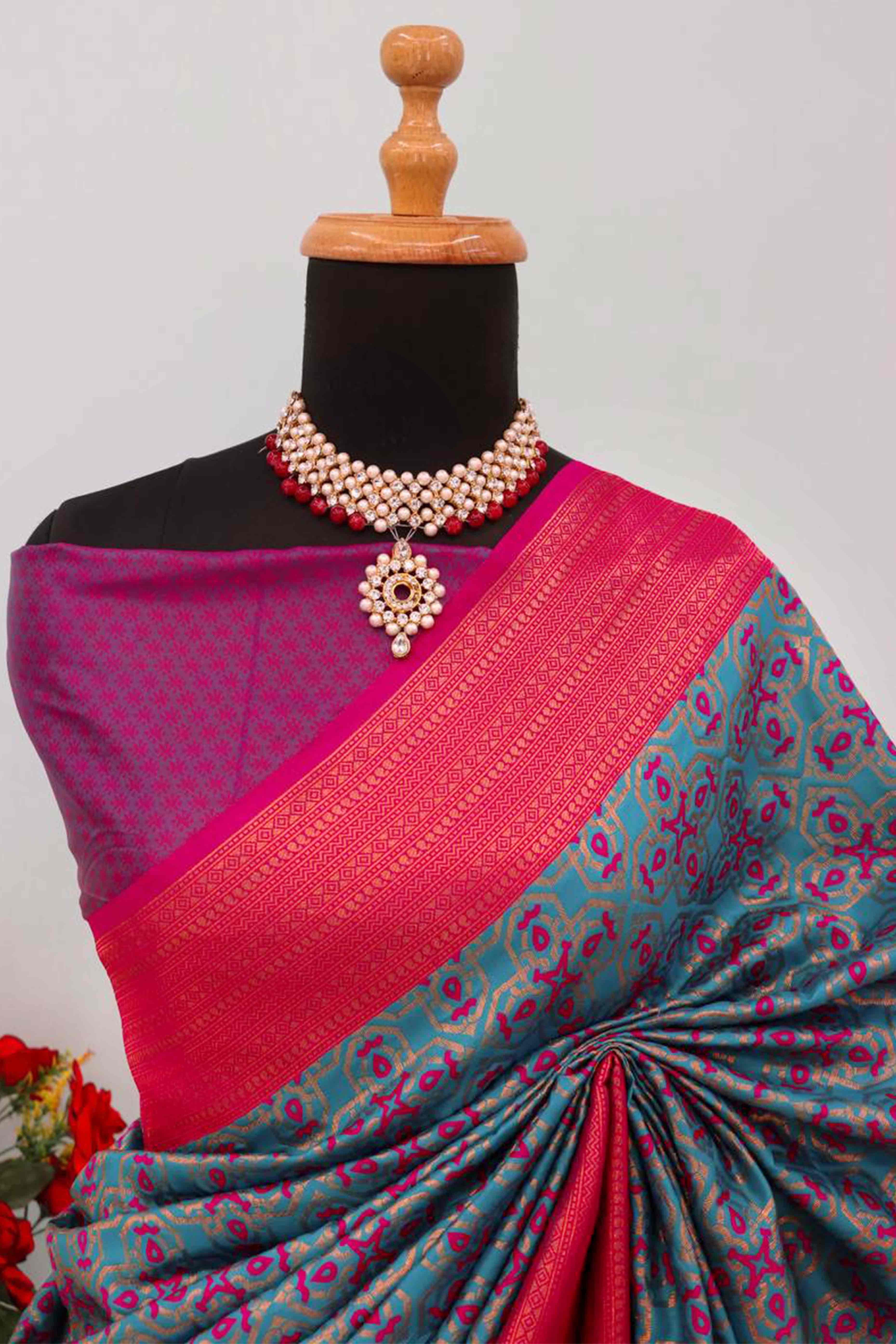 Rama Blue Zari Woven With Butti Work Banarasi Silk Saree - Image 3