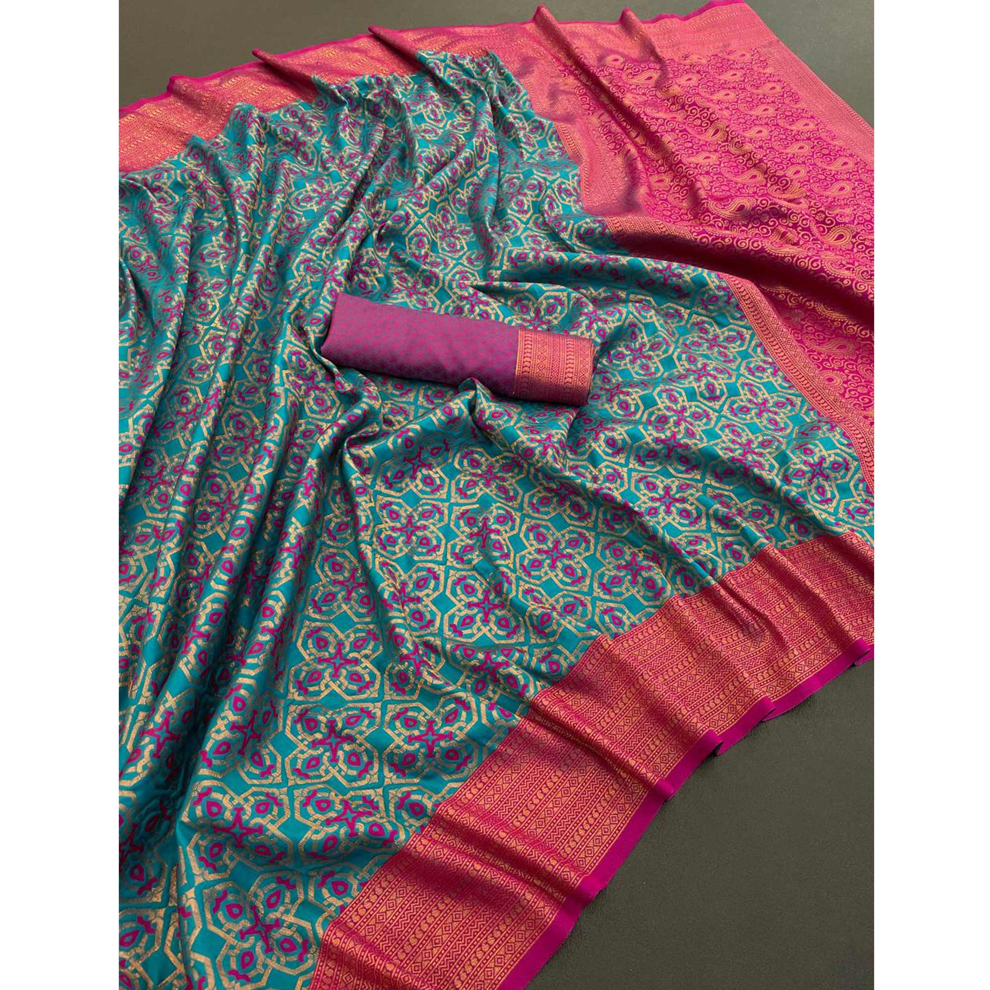 Rama Blue Zari Woven With Butti Work Banarasi Silk Saree - Image 4