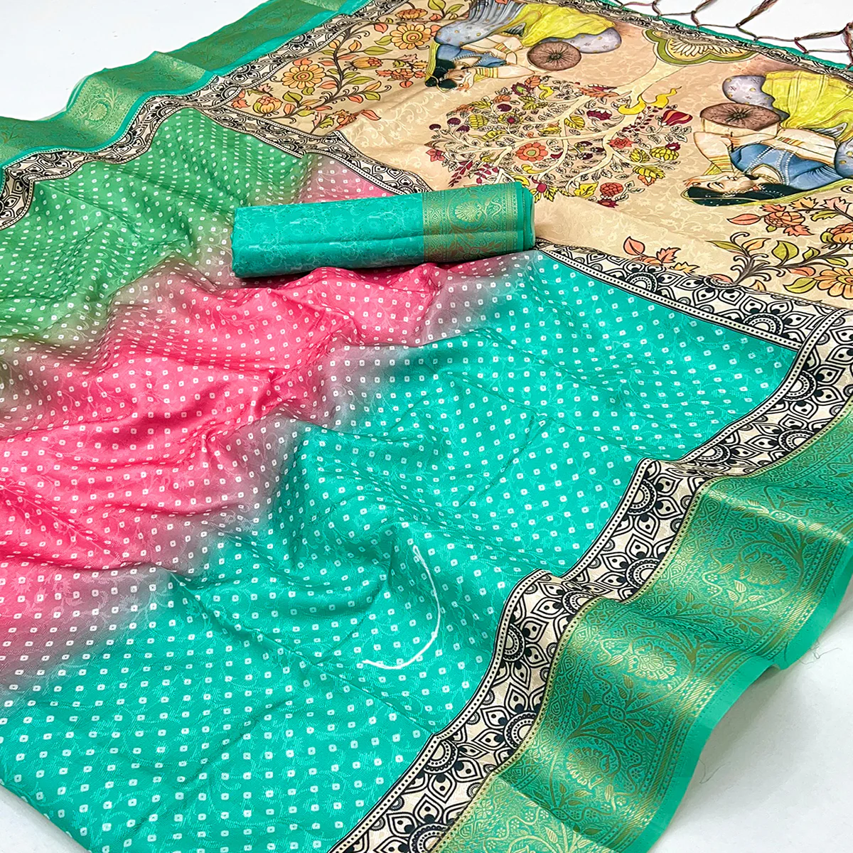 Rama Green Bandhani Digital Printed Silk Blend Weaving Saree With Madhubani Pallu With Tassel - Image 2