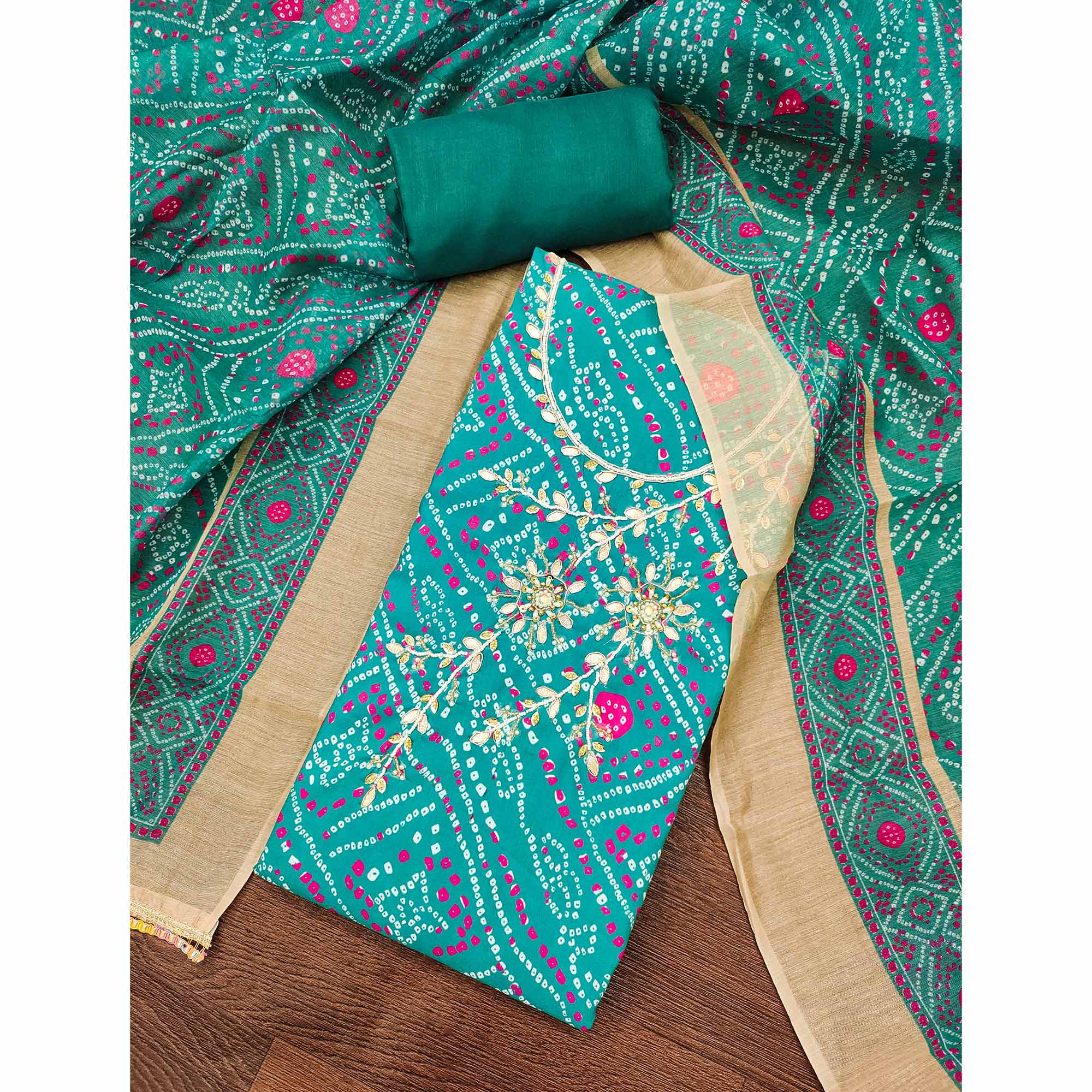 Rama Green Bandhani Print Unstitched Dress Material with Beautiful Gotta Patti Work for Festive Wear - Image 3