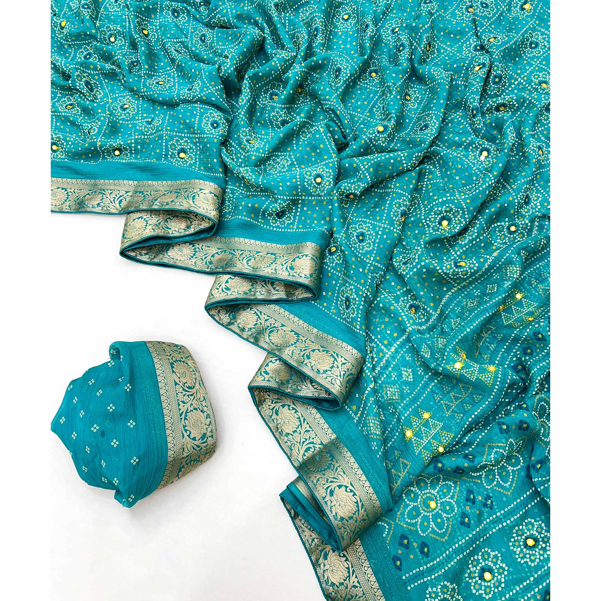 Rama Green Bandhani Printed Chiffon Saree - Image 3