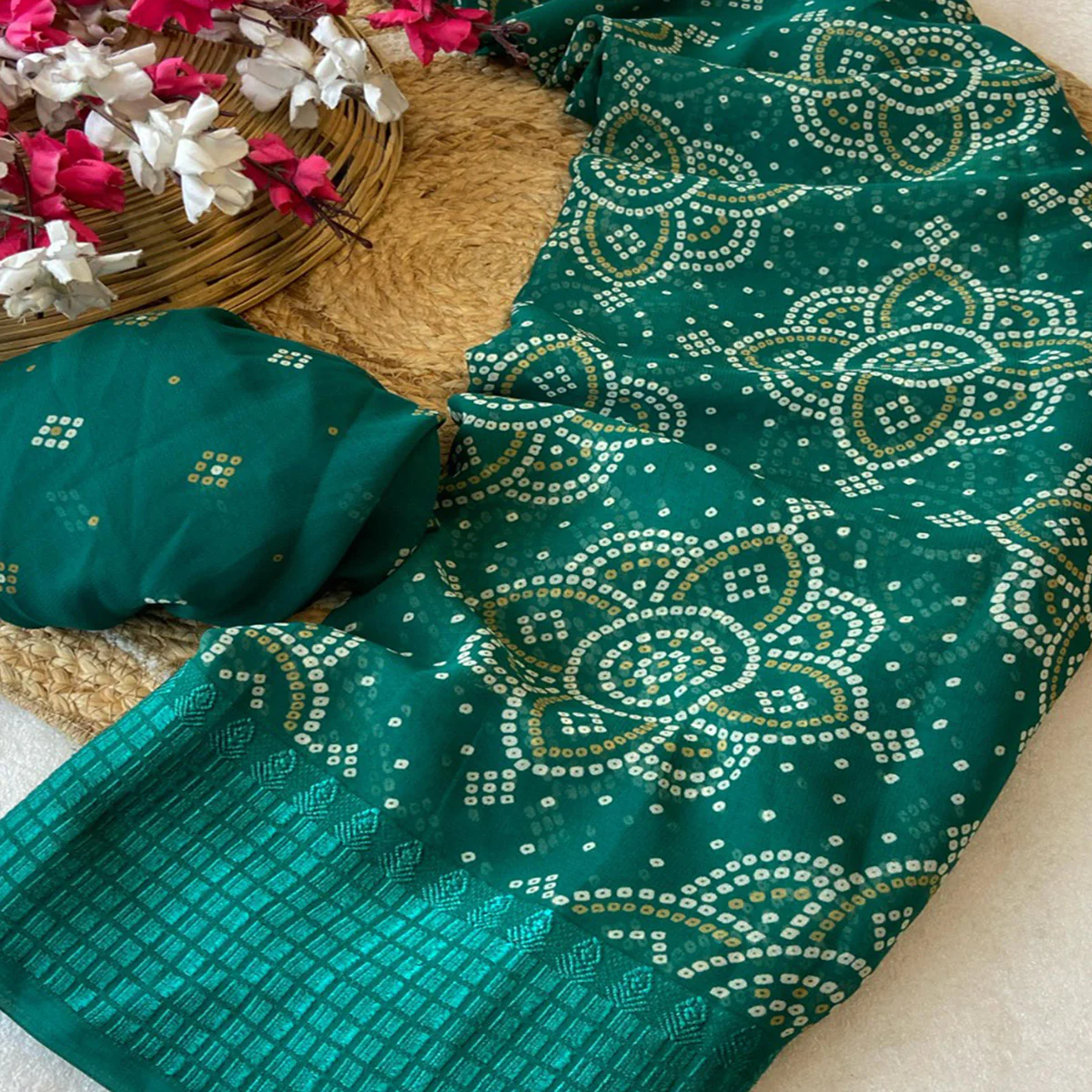 Rama Green Bandhani Printed Georgette Saree With Viscose Border - Image 2