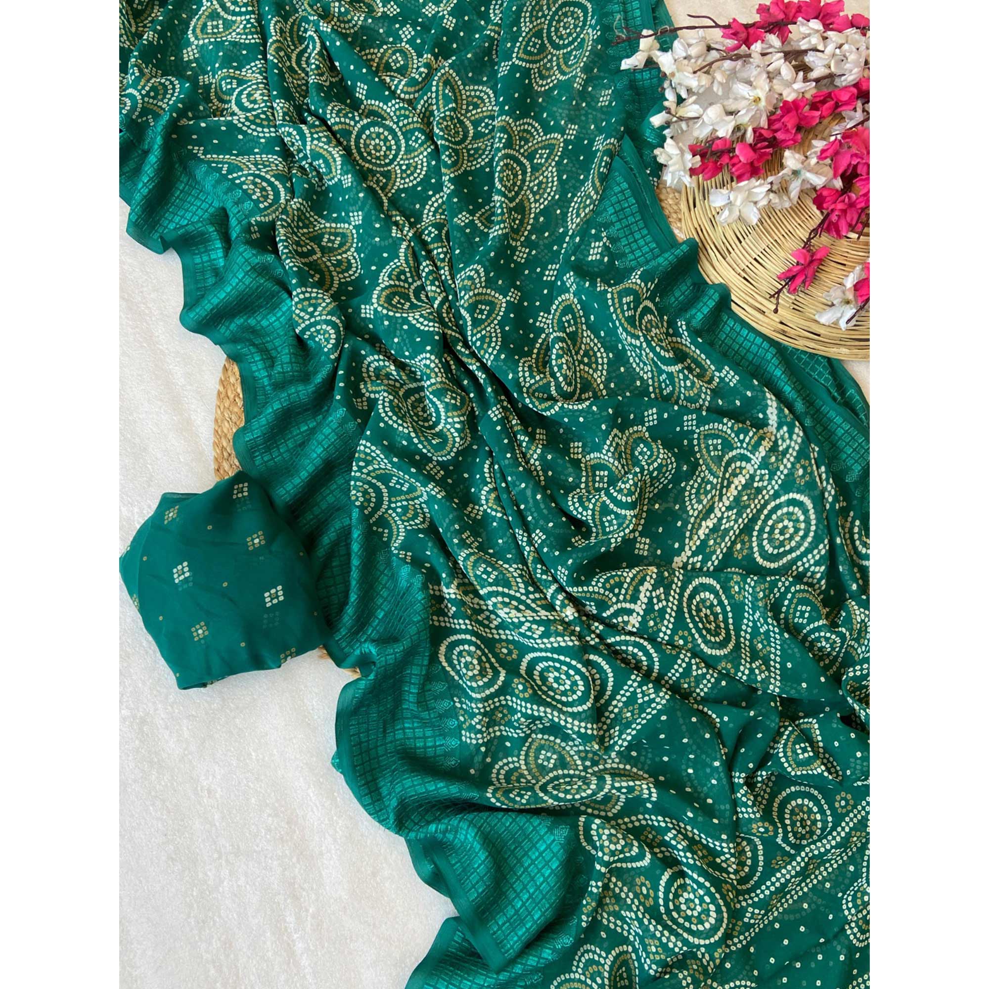 Rama Green Bandhani Printed Georgette Saree With Viscose Border - Image 3