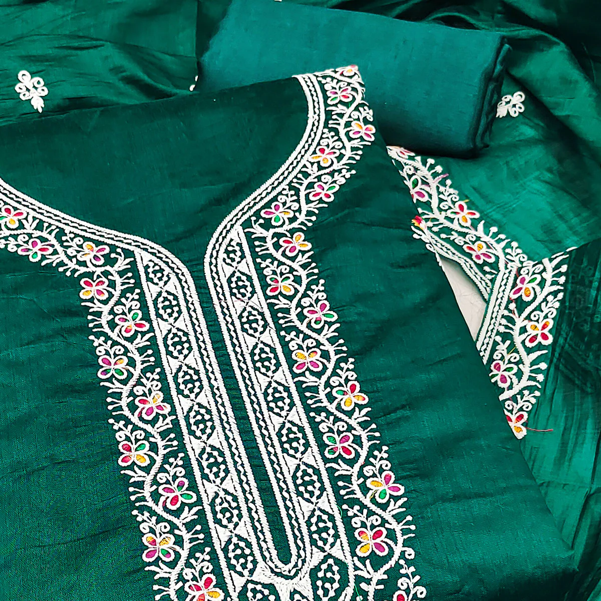 Rama Green Chanderi Silk Dress Material Beautified with Intricate Floral Thread Embroidery - Image 2