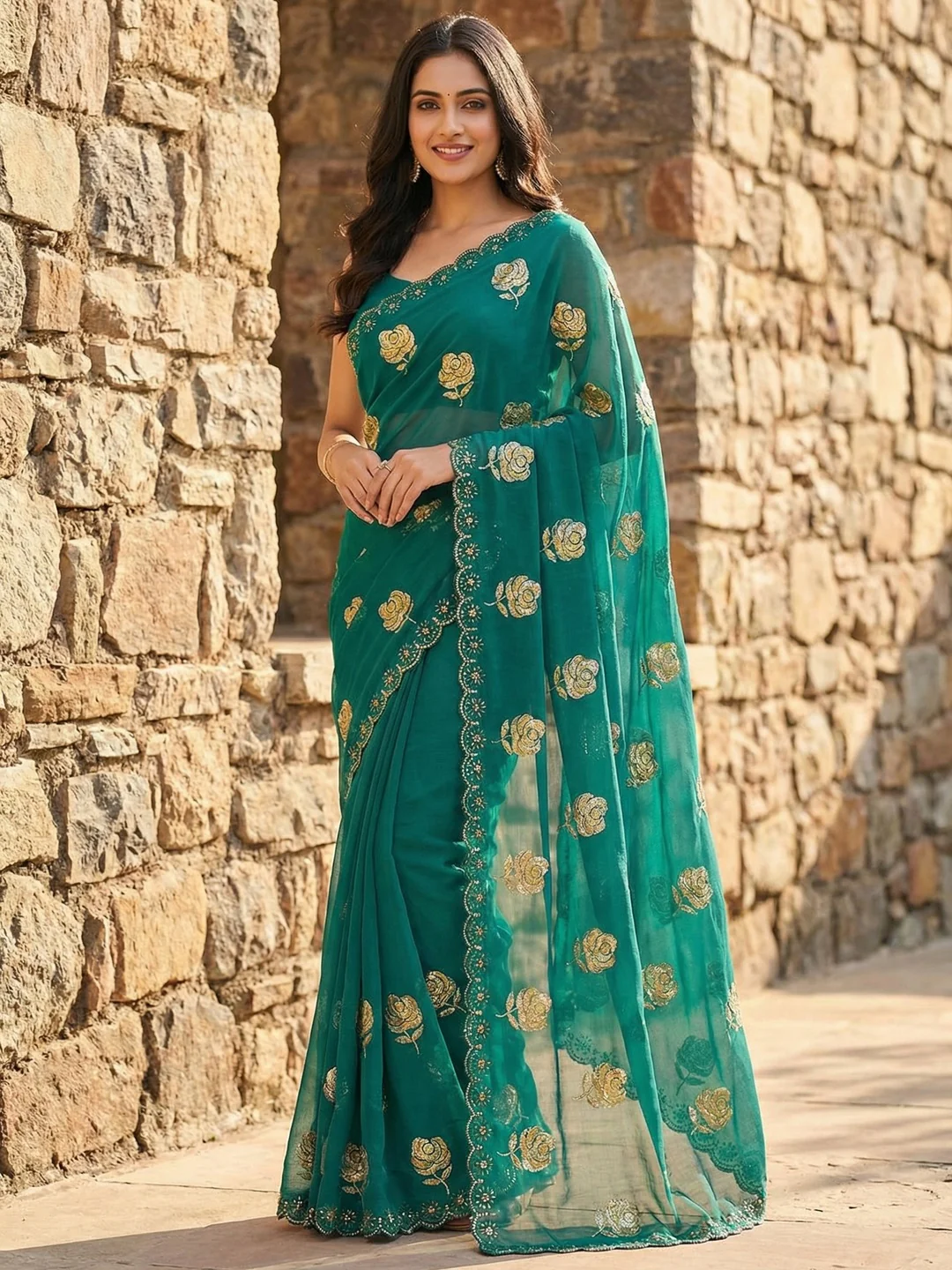 Rama Green Chiffon Saree with Floral Embroidery and Stone Work Embellished Border