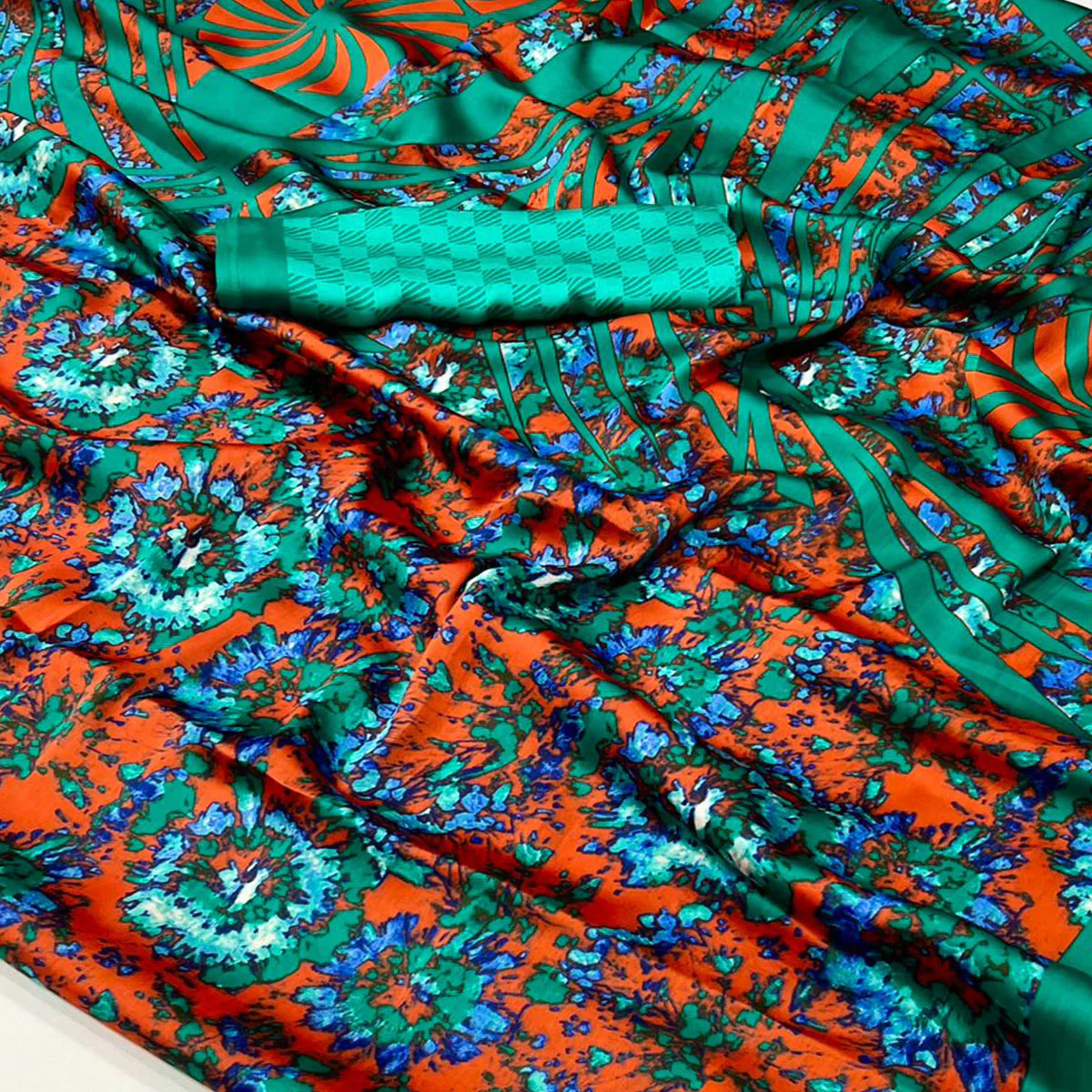 Rama Green Contemporary Printed Satin Saree - Image 2