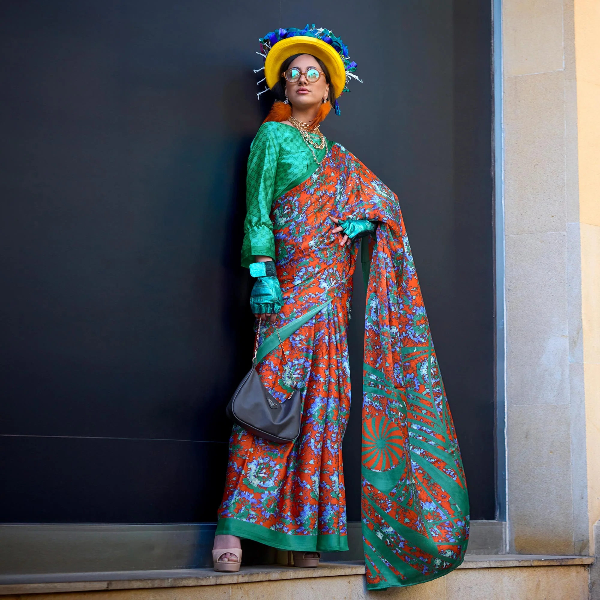 Rama Green Contemporary Printed Satin Saree - Image 3