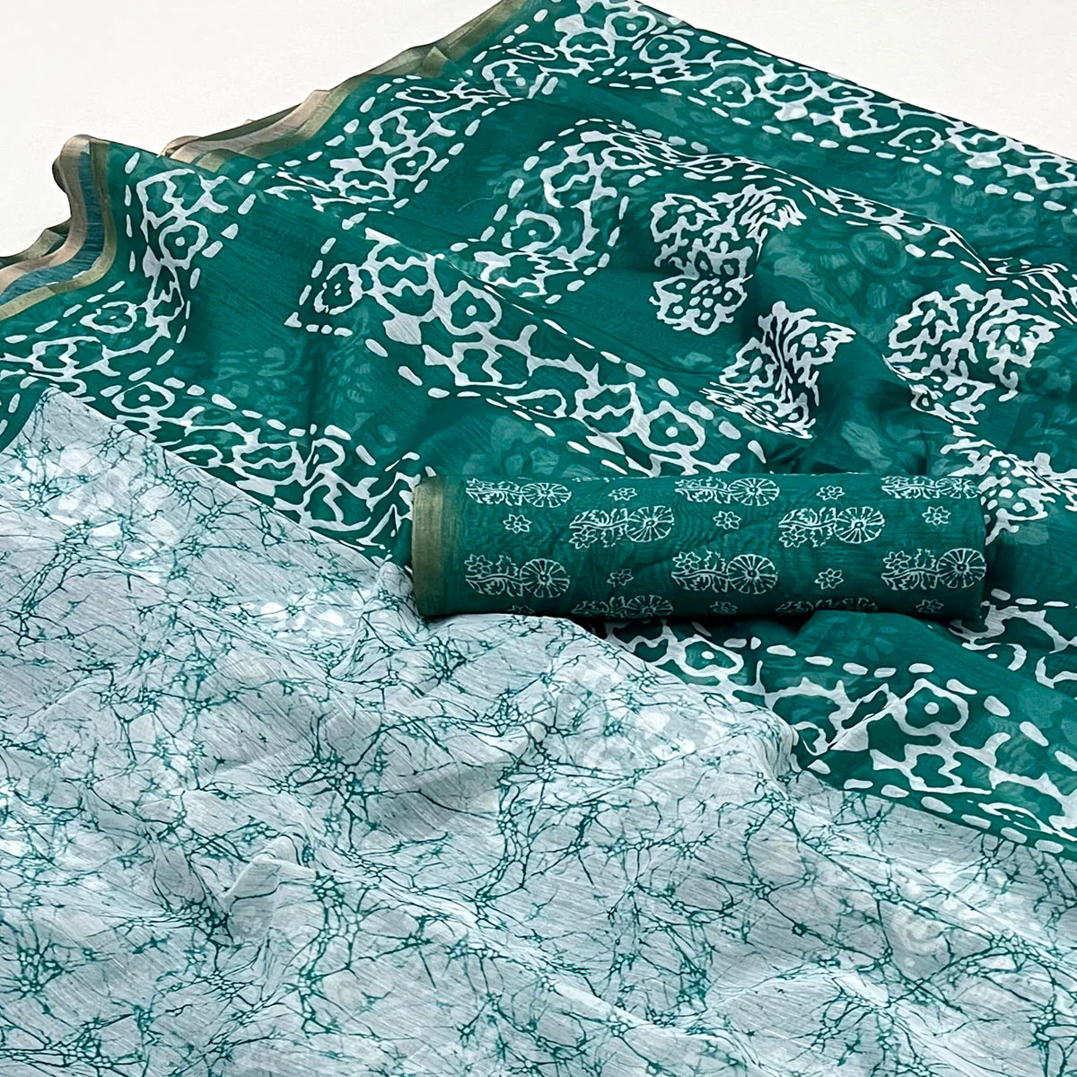 Rama Green Digital Printed Linen Saree With Zari Border - Image 2
