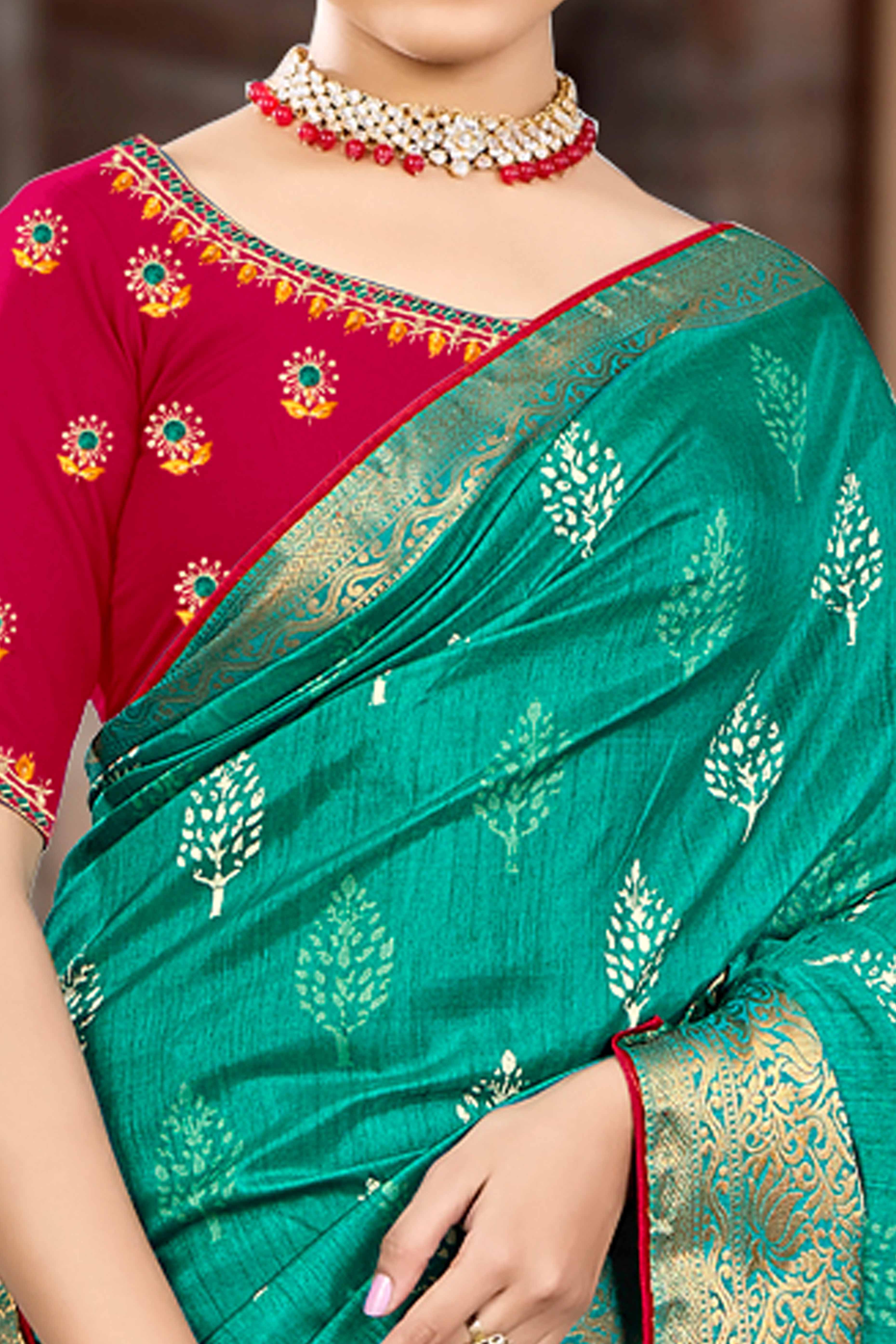 Rama Green Dola Silk Saree Featuring Artistic Print Work & Graceful Tassel Edging - Image 2