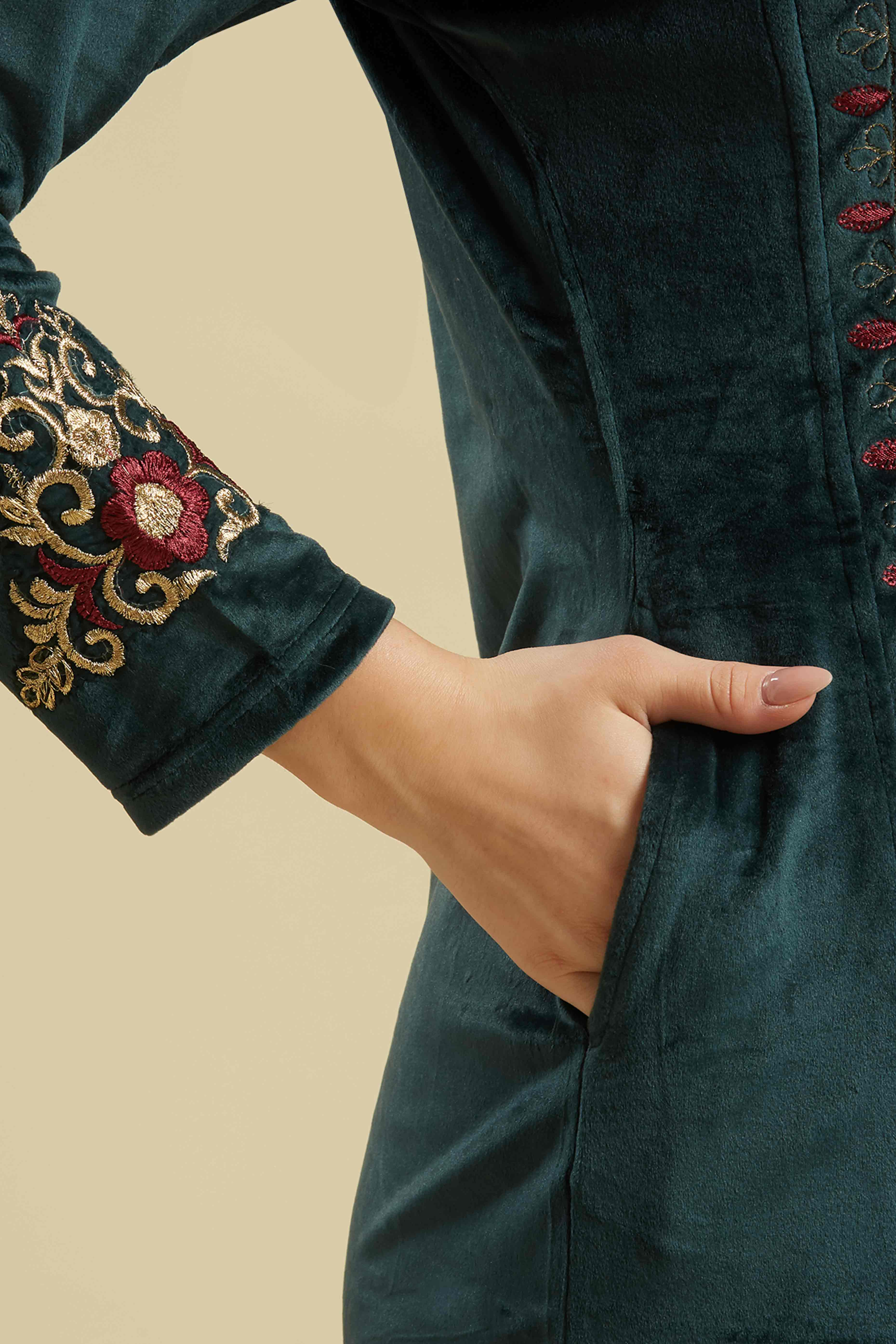 Rama Green Embroidered Velvet Straight Salwar Suit - Image 10