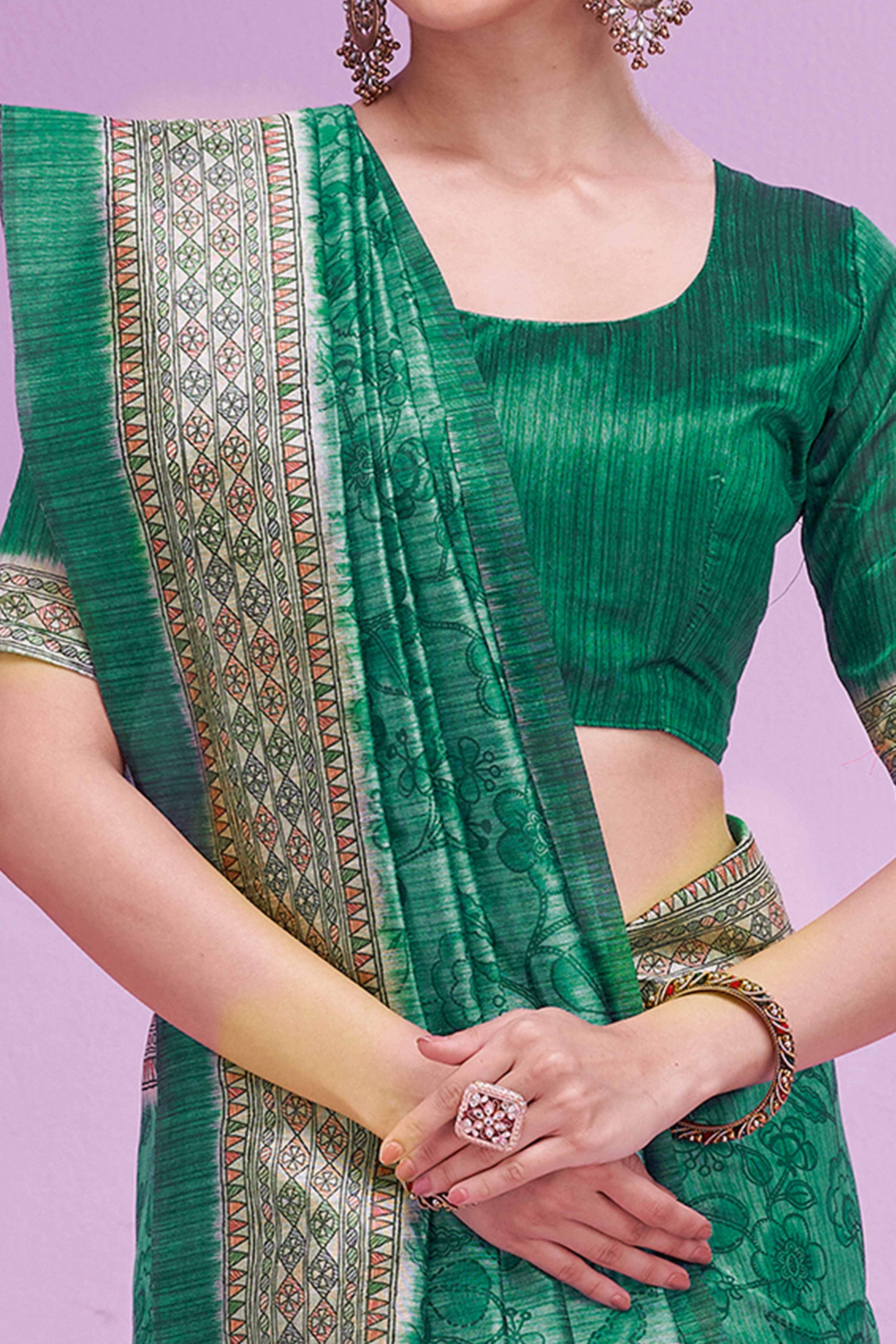 Rama Green Ethnic Cotton Silk Saree Adorned with Madhubani Florals Print - Image 2