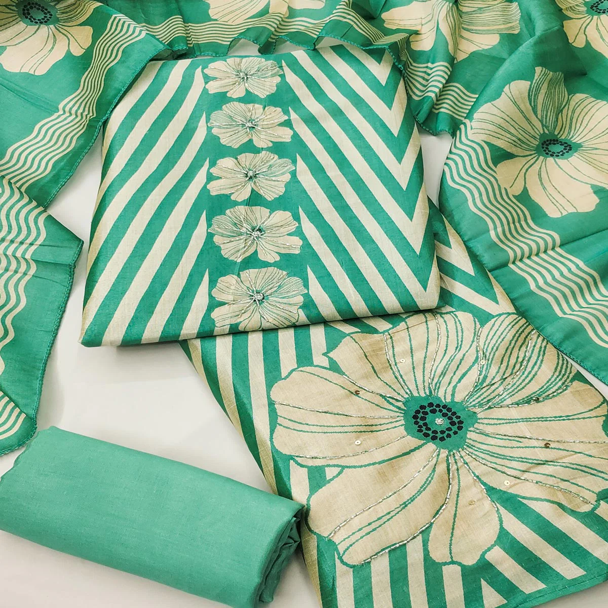 Rama Green Floral Digital Printed Assam Art Silk Dress Material Adorned With Beads & Sequins Work - Image 2