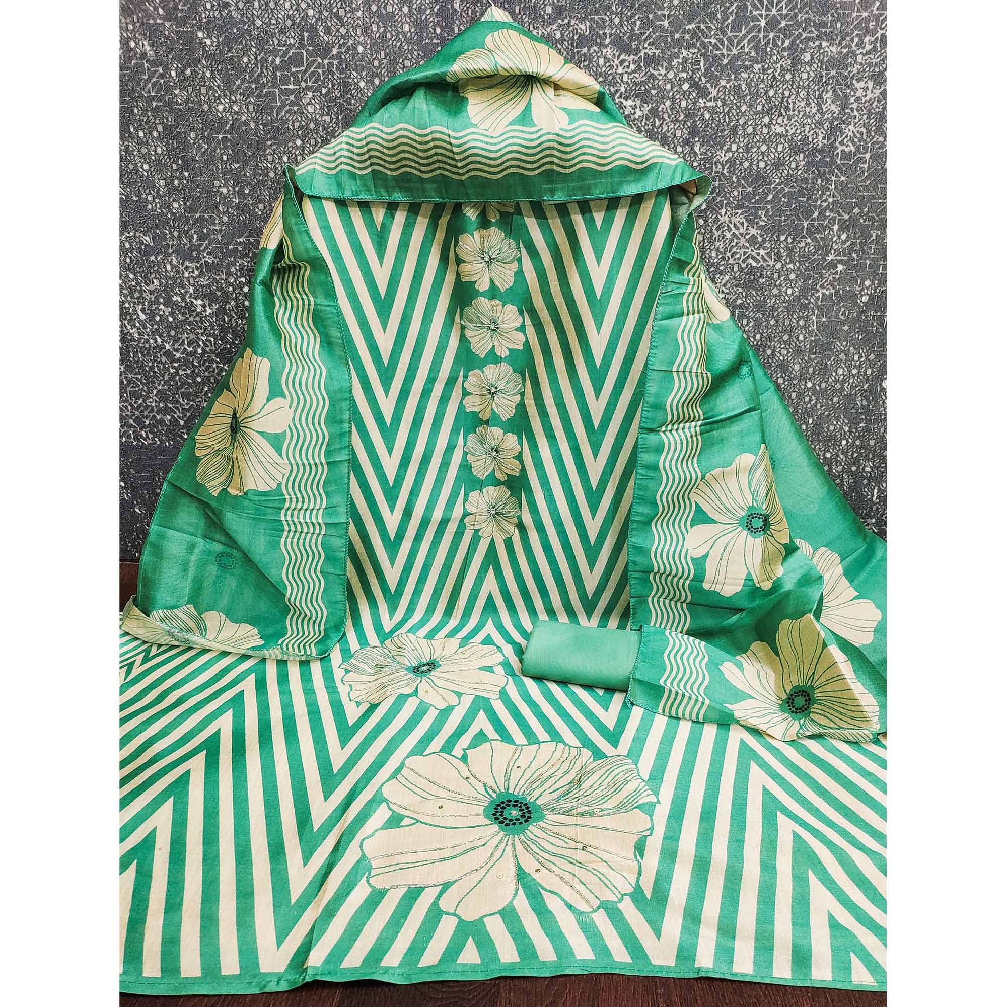 Rama Green Floral Digital Printed Assam Art Silk Dress Material Adorned With Beads & Sequins Work - Image 3