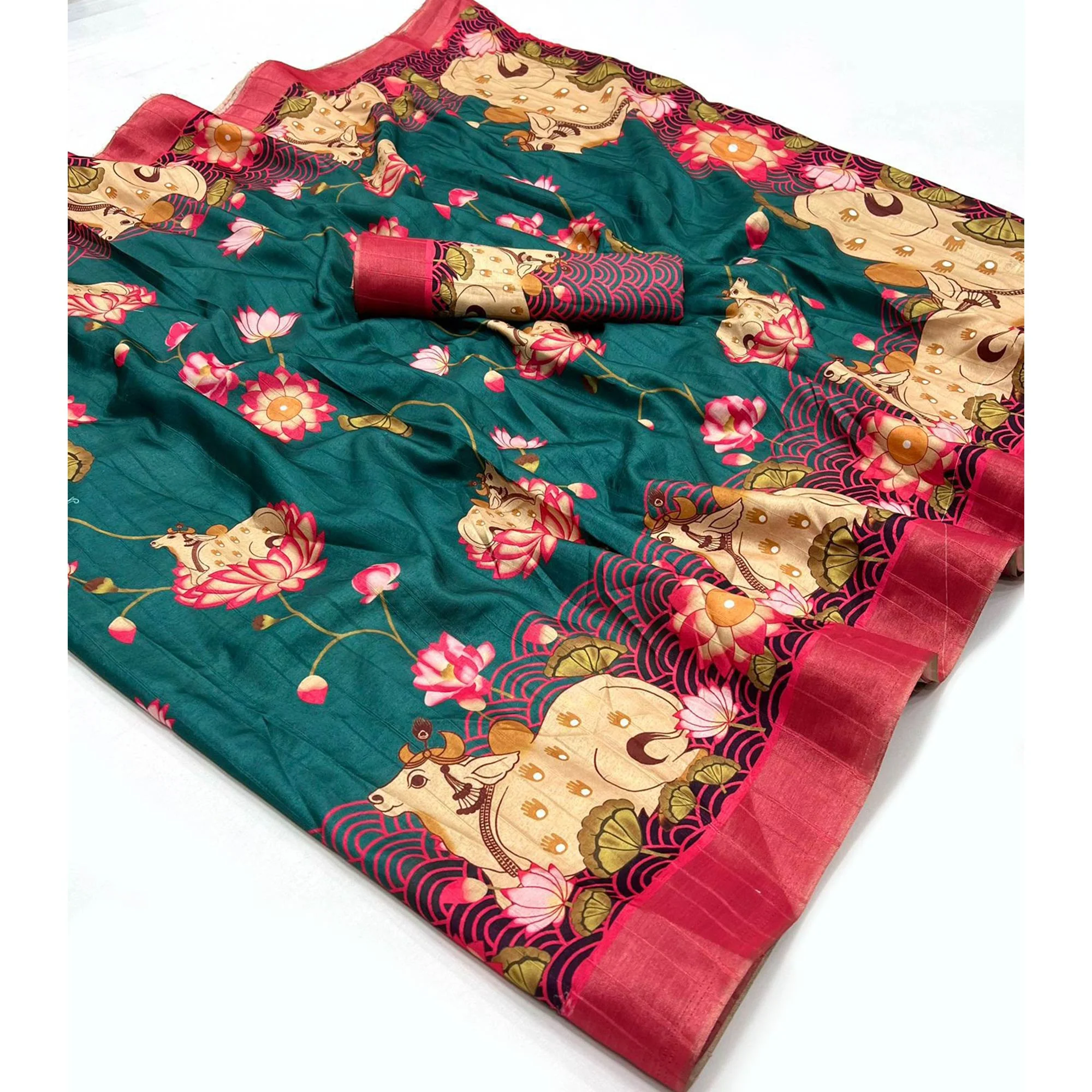 Rama Green Floral Digital Printed Tussar Silk Saree - Image 3
