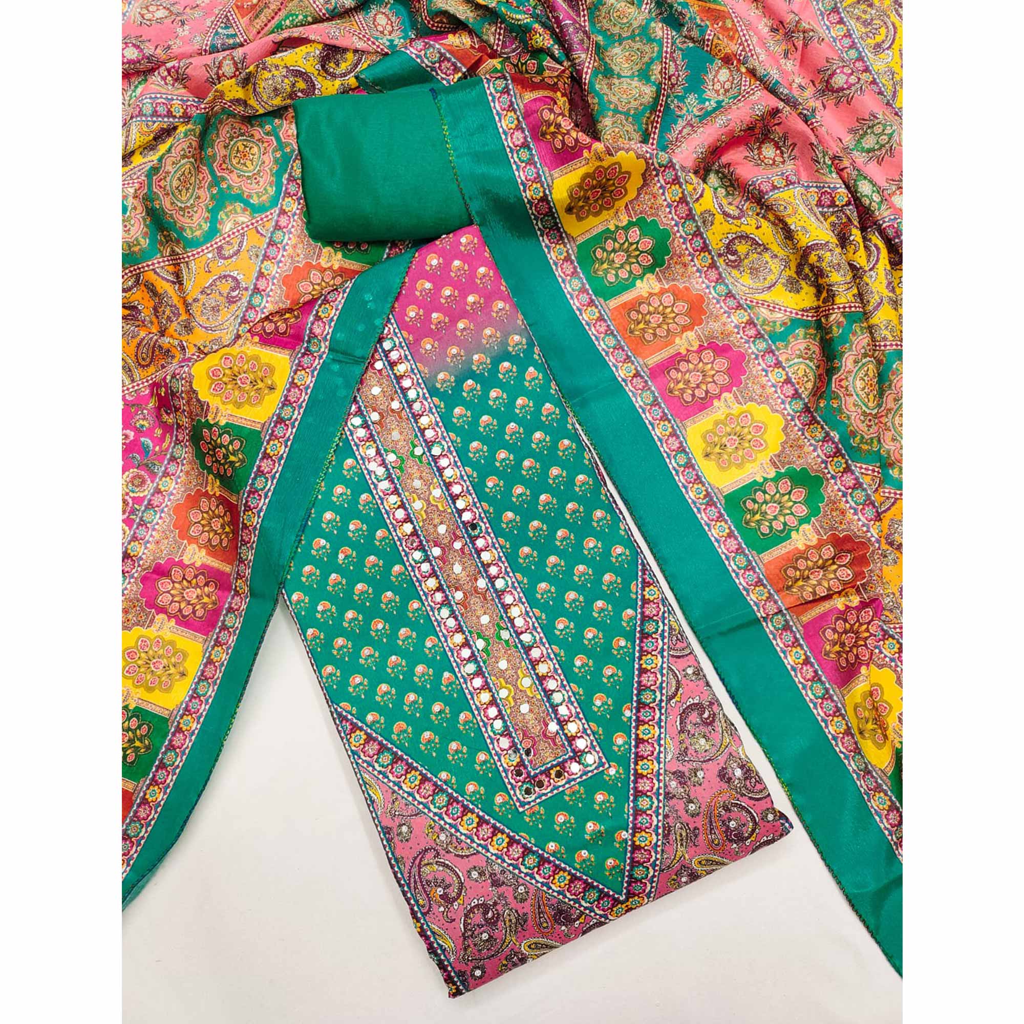 Rama Green Floral Printed Chinon Dress Material Embellished With Mirror & Stone Work - Image 3