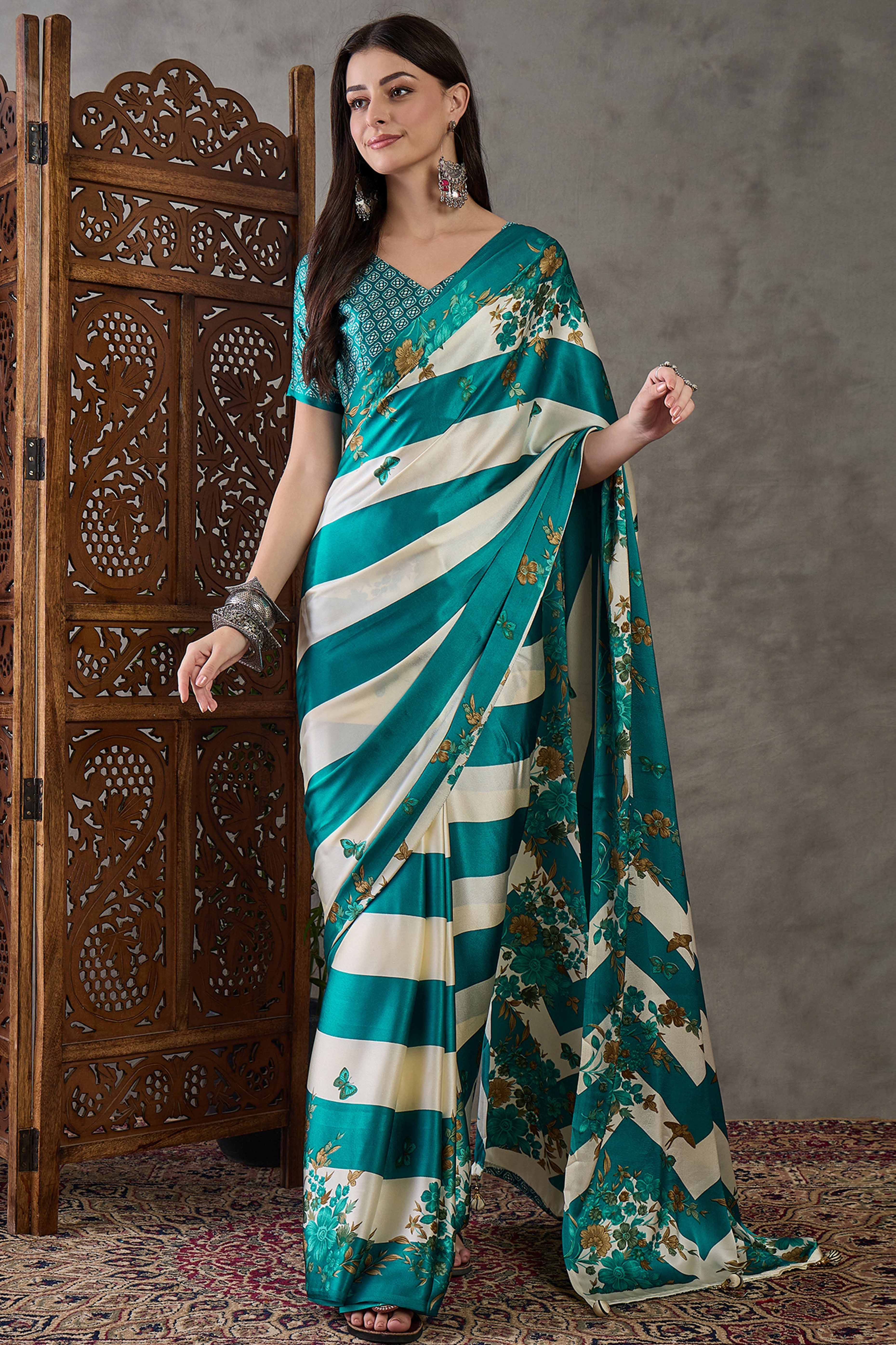 Rama Green Floral Printed Modal Satin Party Wear Saree with a Smooth Satin Finish - Image 2