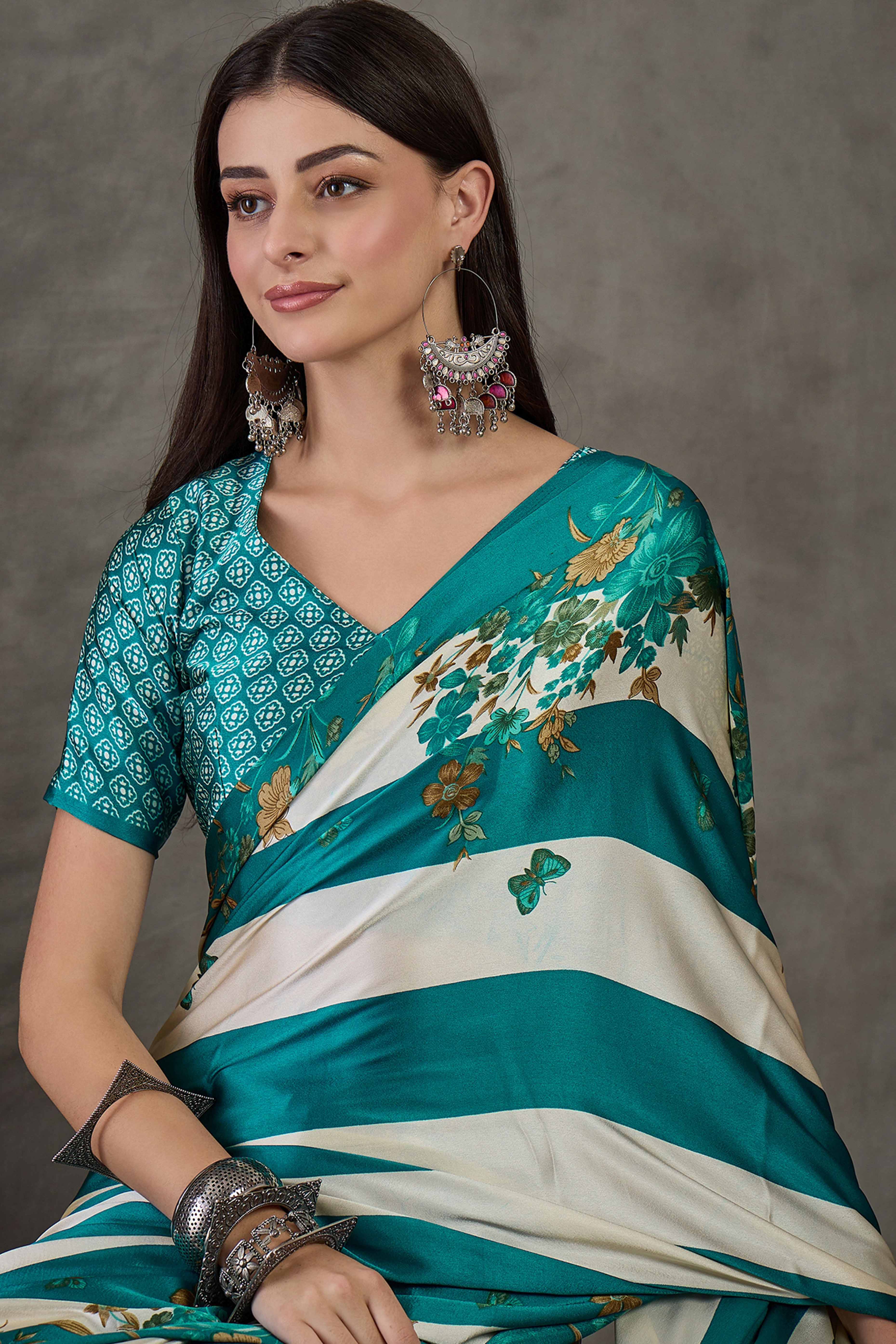Rama Green Floral Printed Modal Satin Party Wear Saree with a Smooth Satin Finish - Image 6