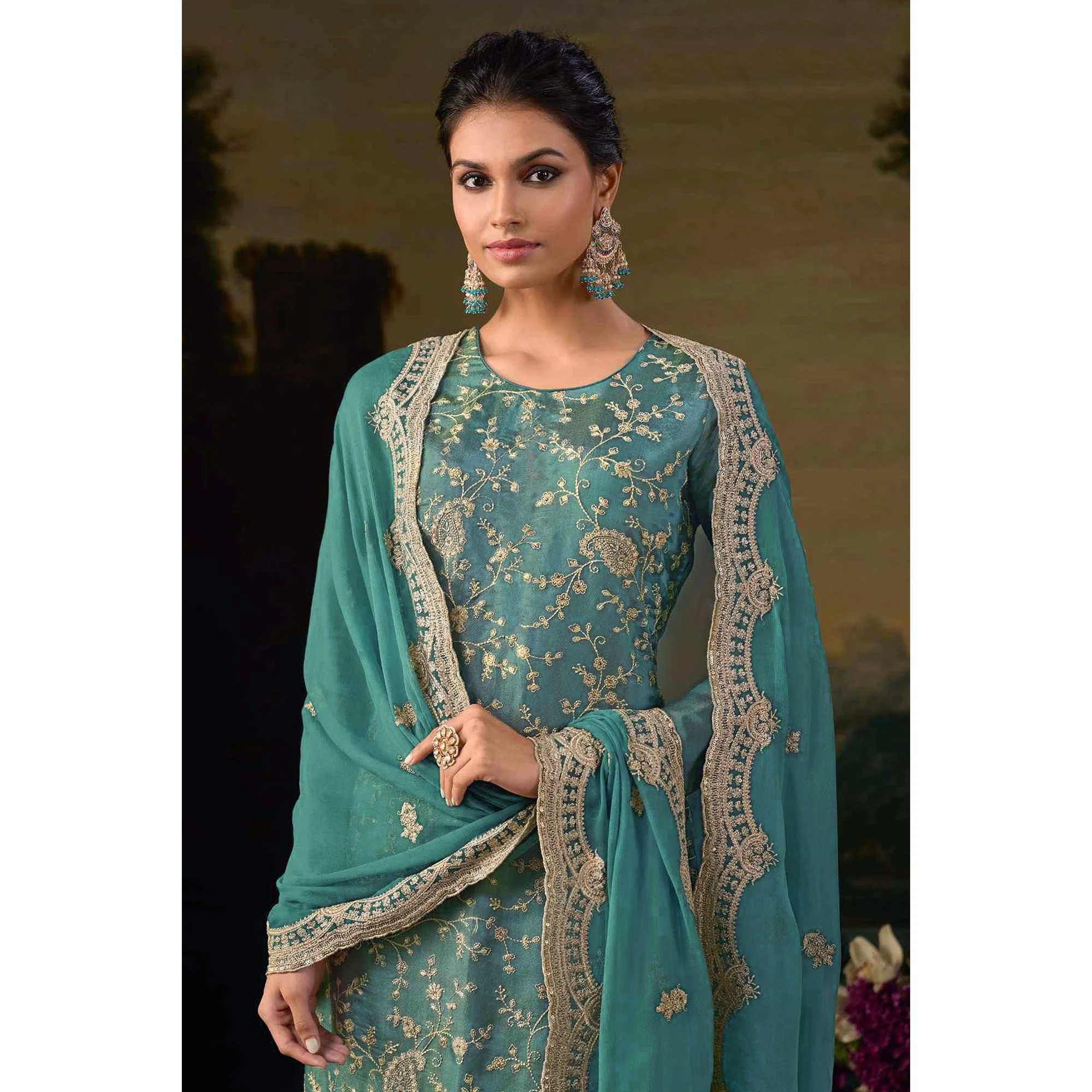Rama Green Floral Sequins Embroidered Georgette Semi Stitched Salwar Suit - Image 4