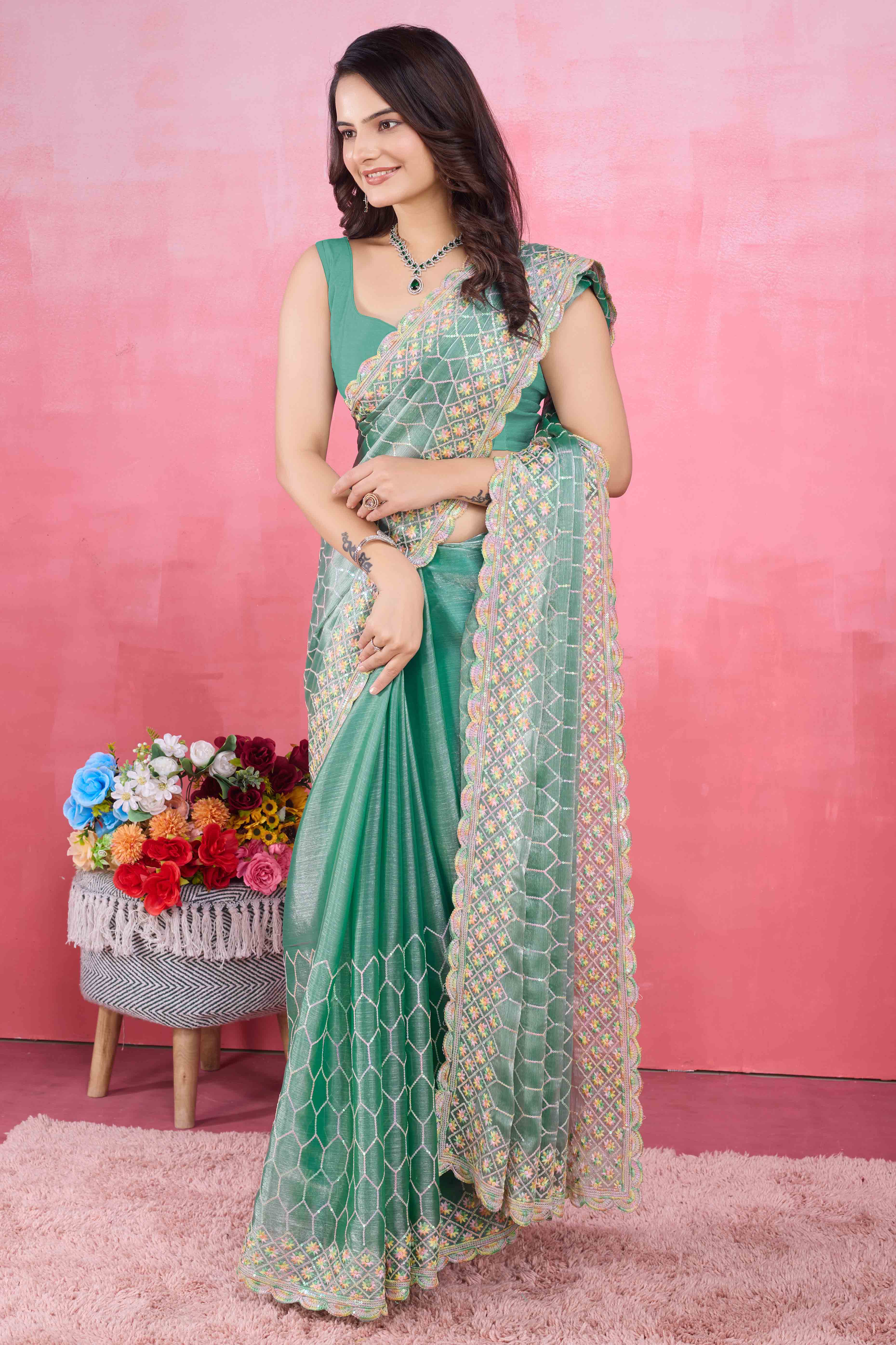 Rama Green Floral Sequins Embroidered Mulberry Silk Saree - Image 3