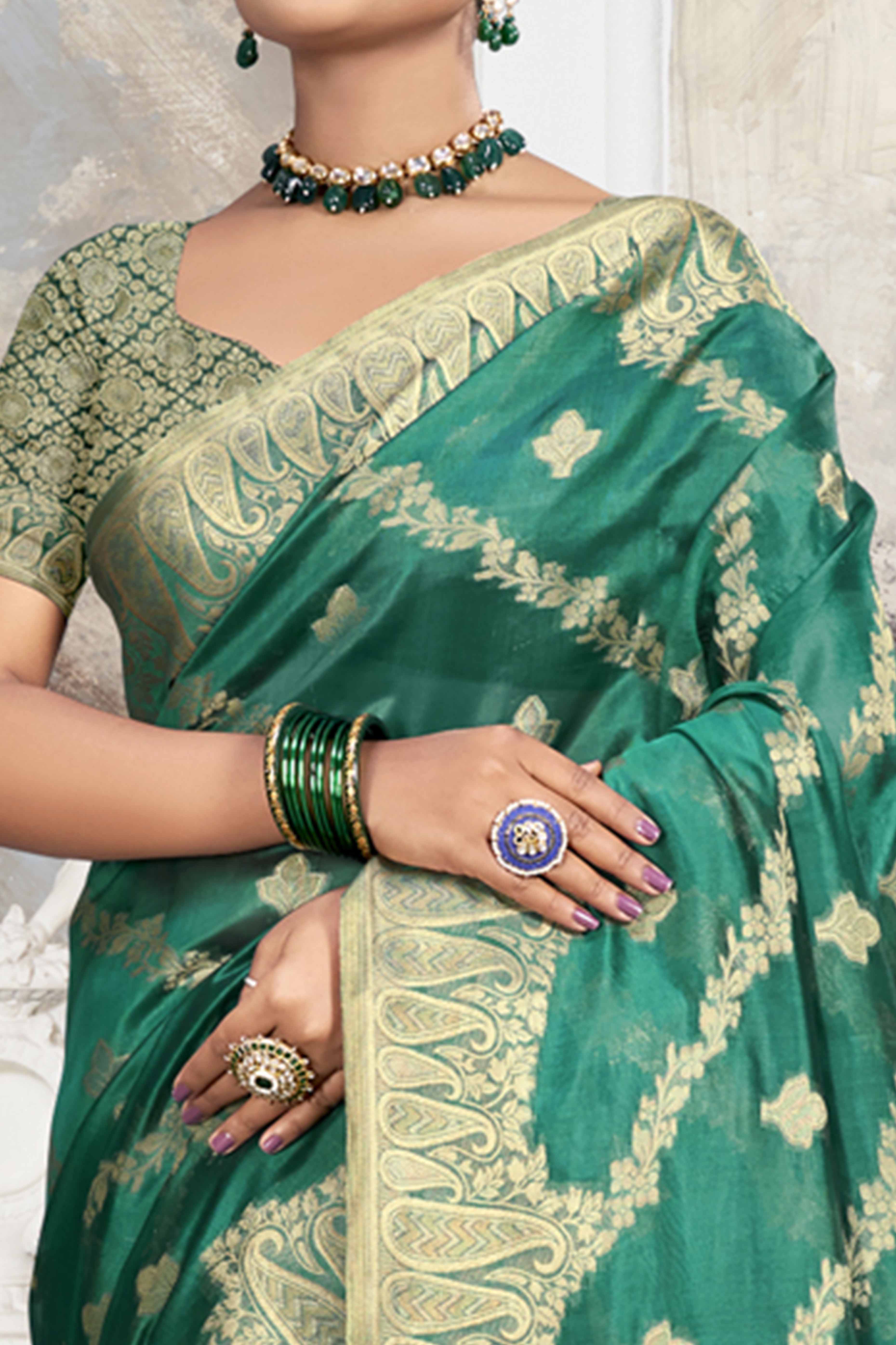 Rama Green Floral With Paisley Pattern Zari Woven Organza Saree - Image 2