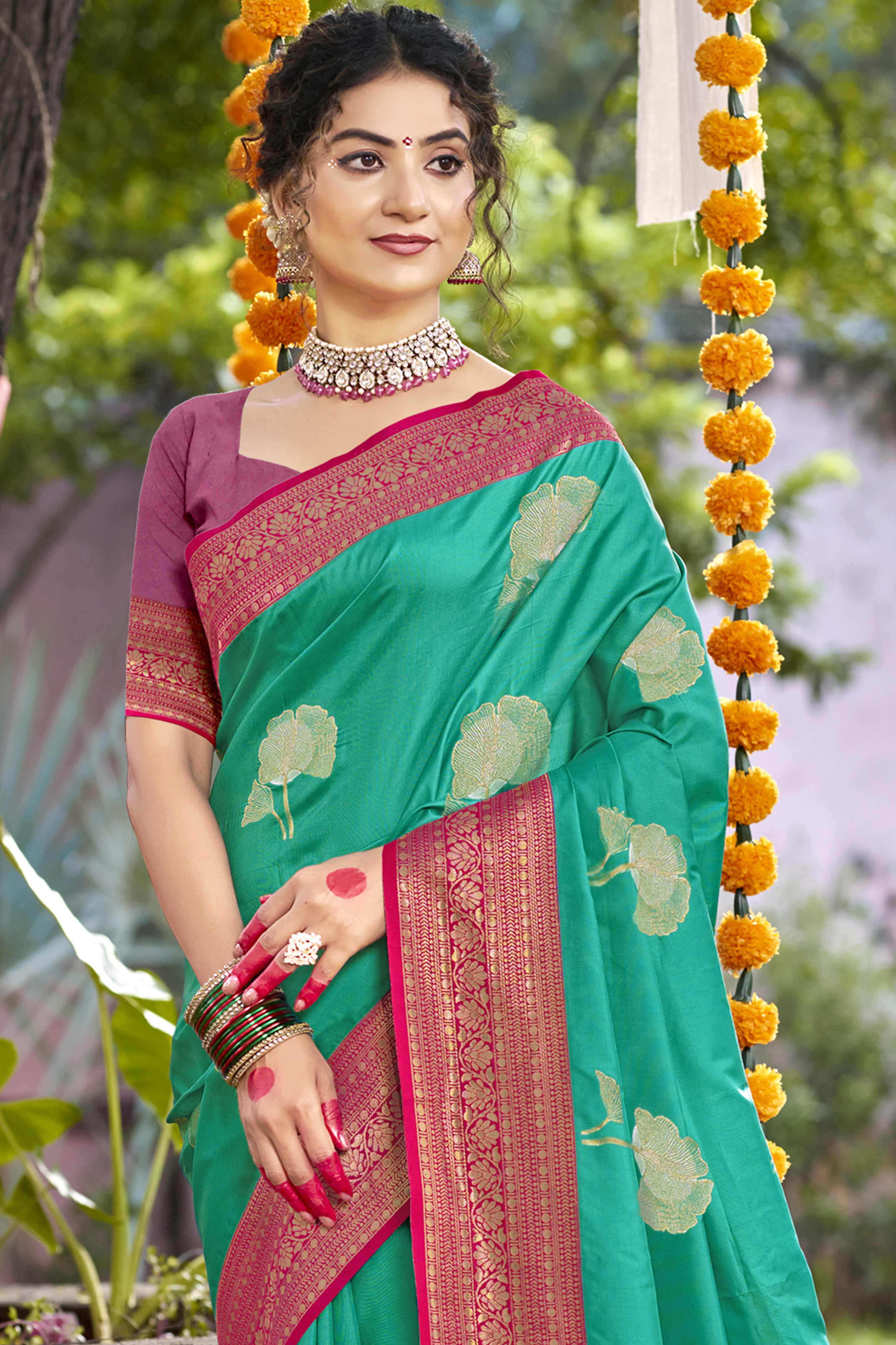 Rama Green Floral Woven Banarasi Silk Saree With Tassels - Image 3