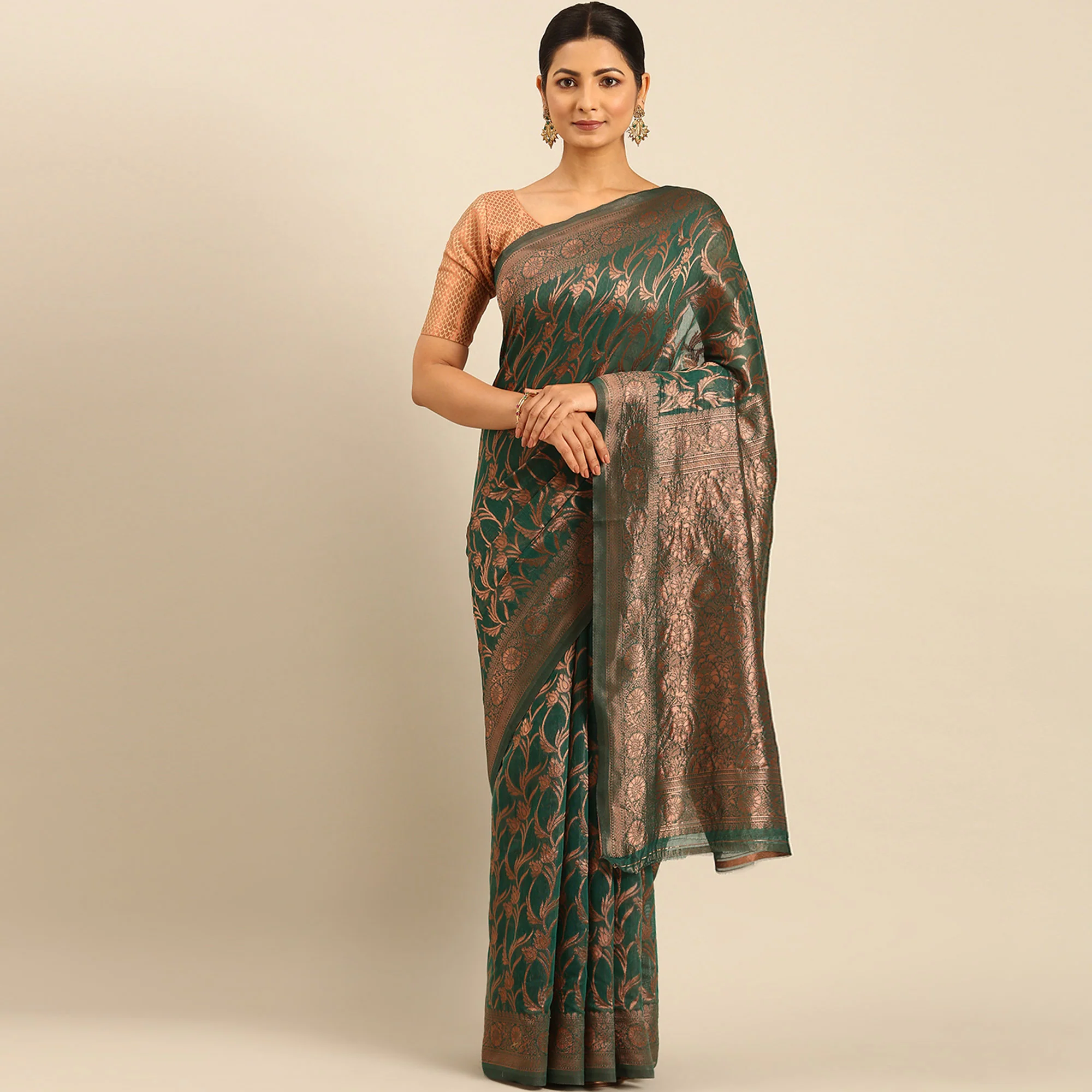 Rama Green Floral Woven Cotton Silk Saree - Image 2