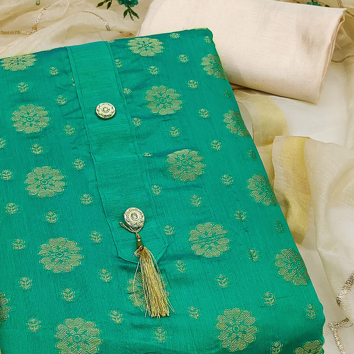 Rama Green Floral Woven Jacquard Dress Material - Image 2