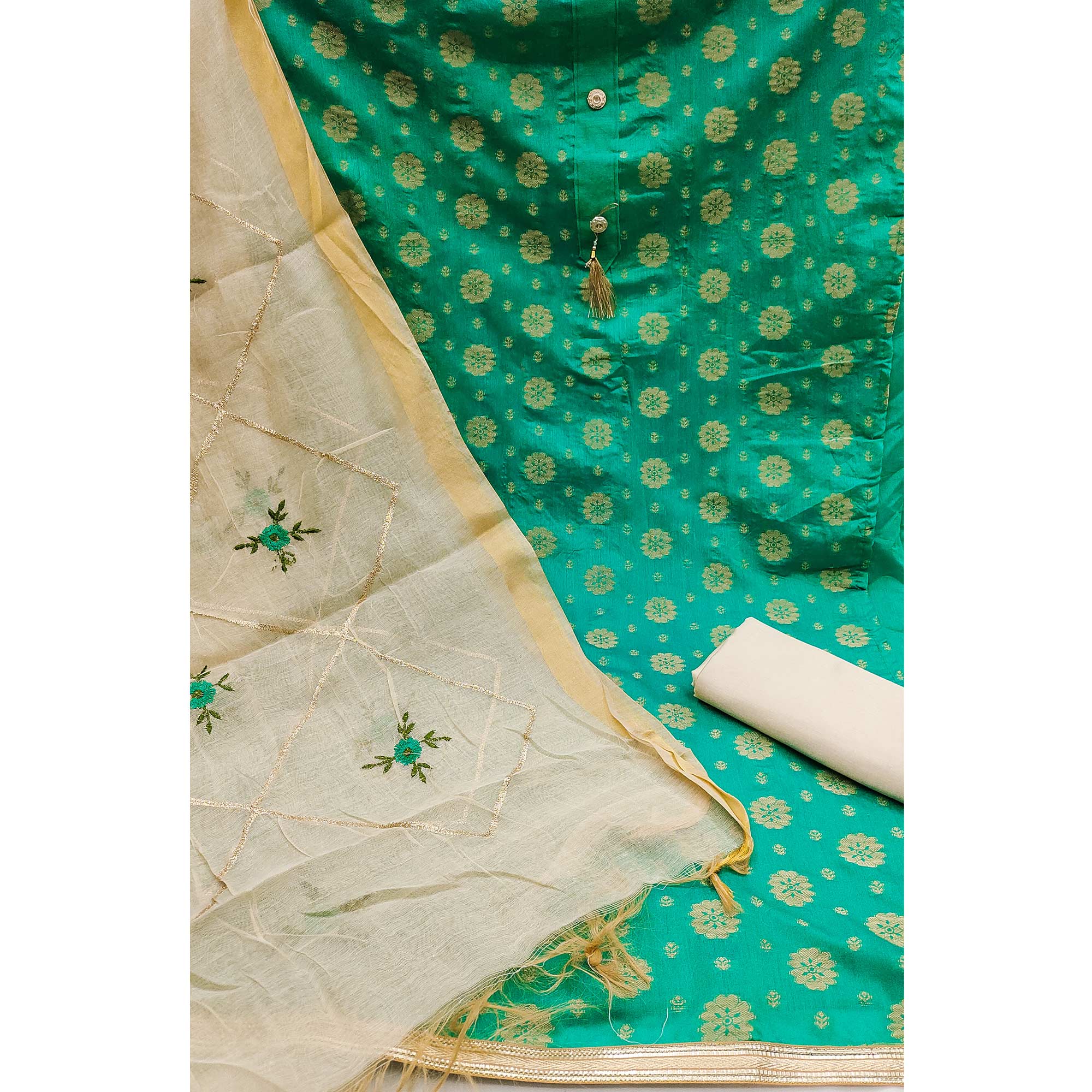 Rama Green Floral Woven Jacquard Dress Material - Image 3