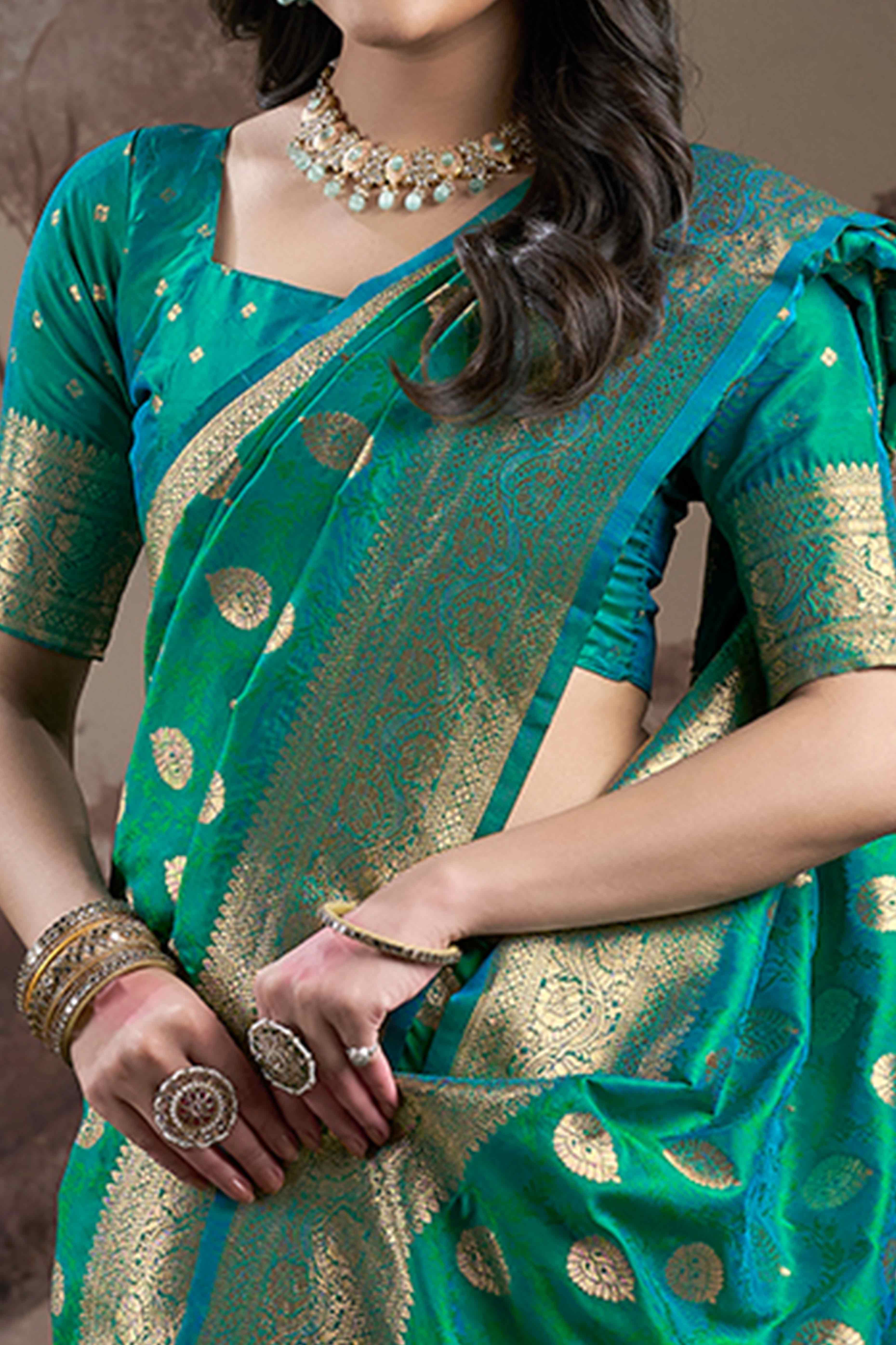 Rama Green Floral Woven Jacquard Silk Saree - Image 2