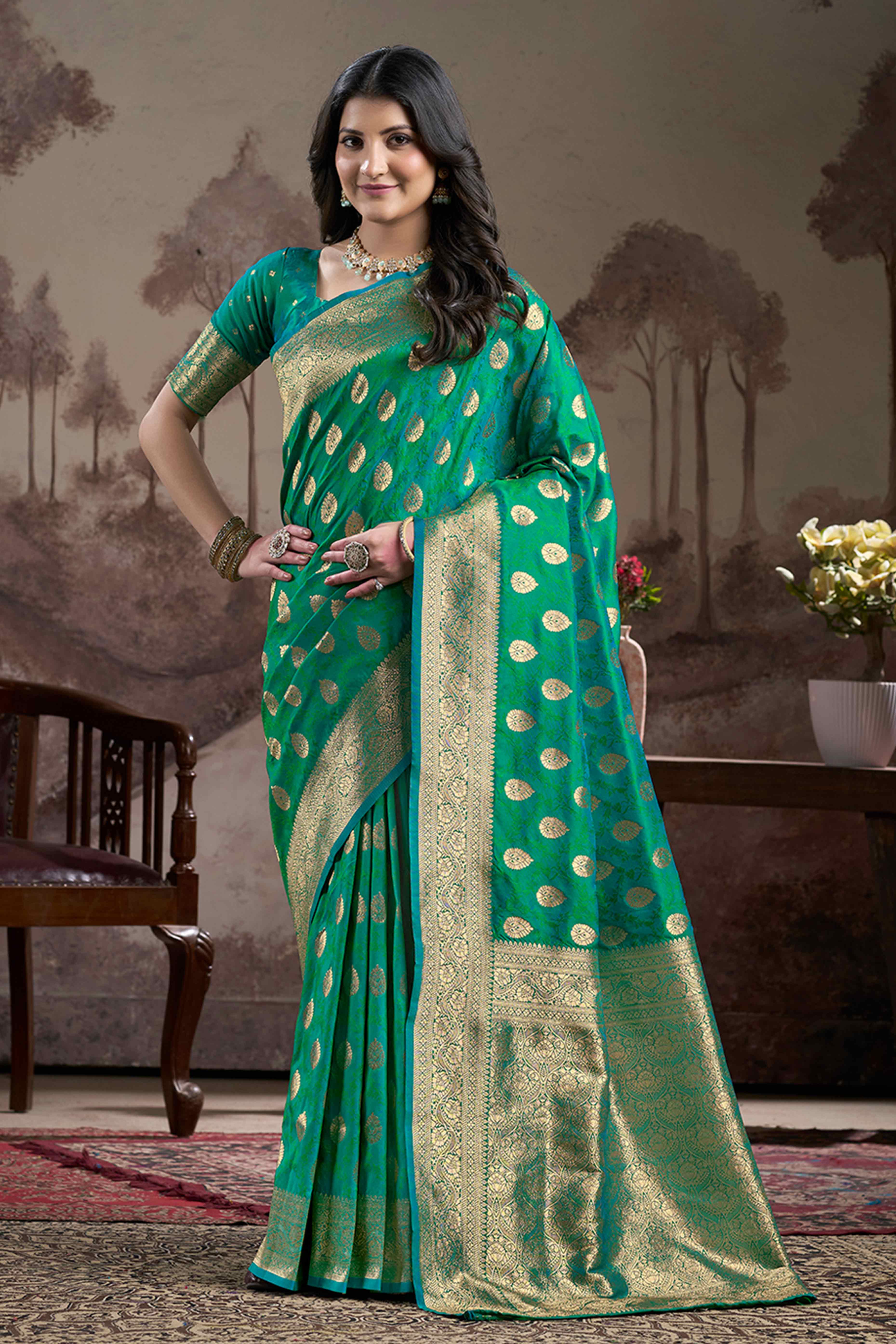 Rama Green Floral Woven Jacquard Silk Saree - Image 3