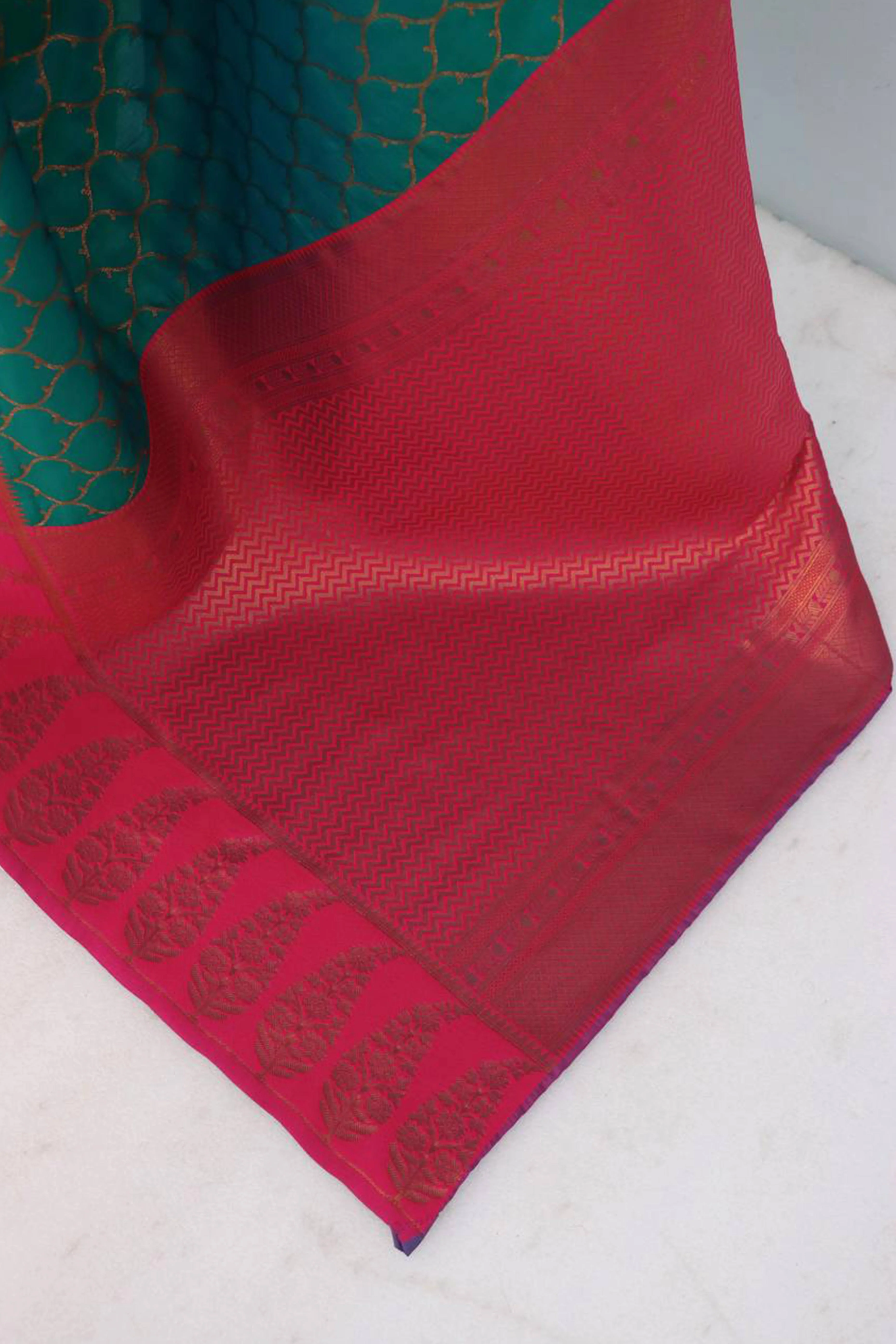 Rama Green Floral Woven Kanjivaram Silk Saree - Image 4