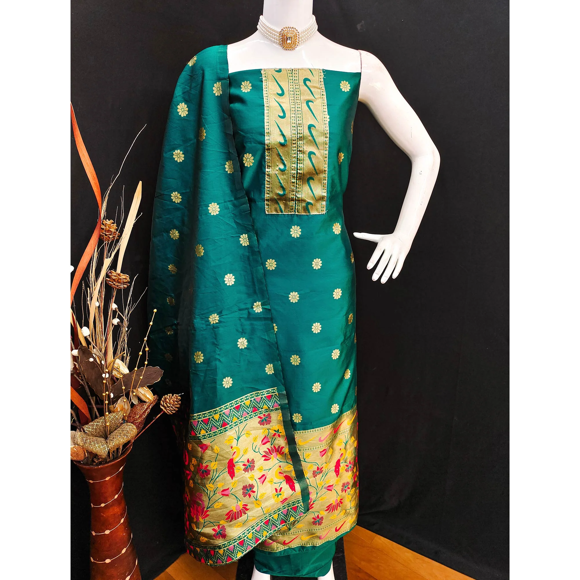 Rama Green Floral Woven Paithani Banarasi Silk Dress Material - Image 4