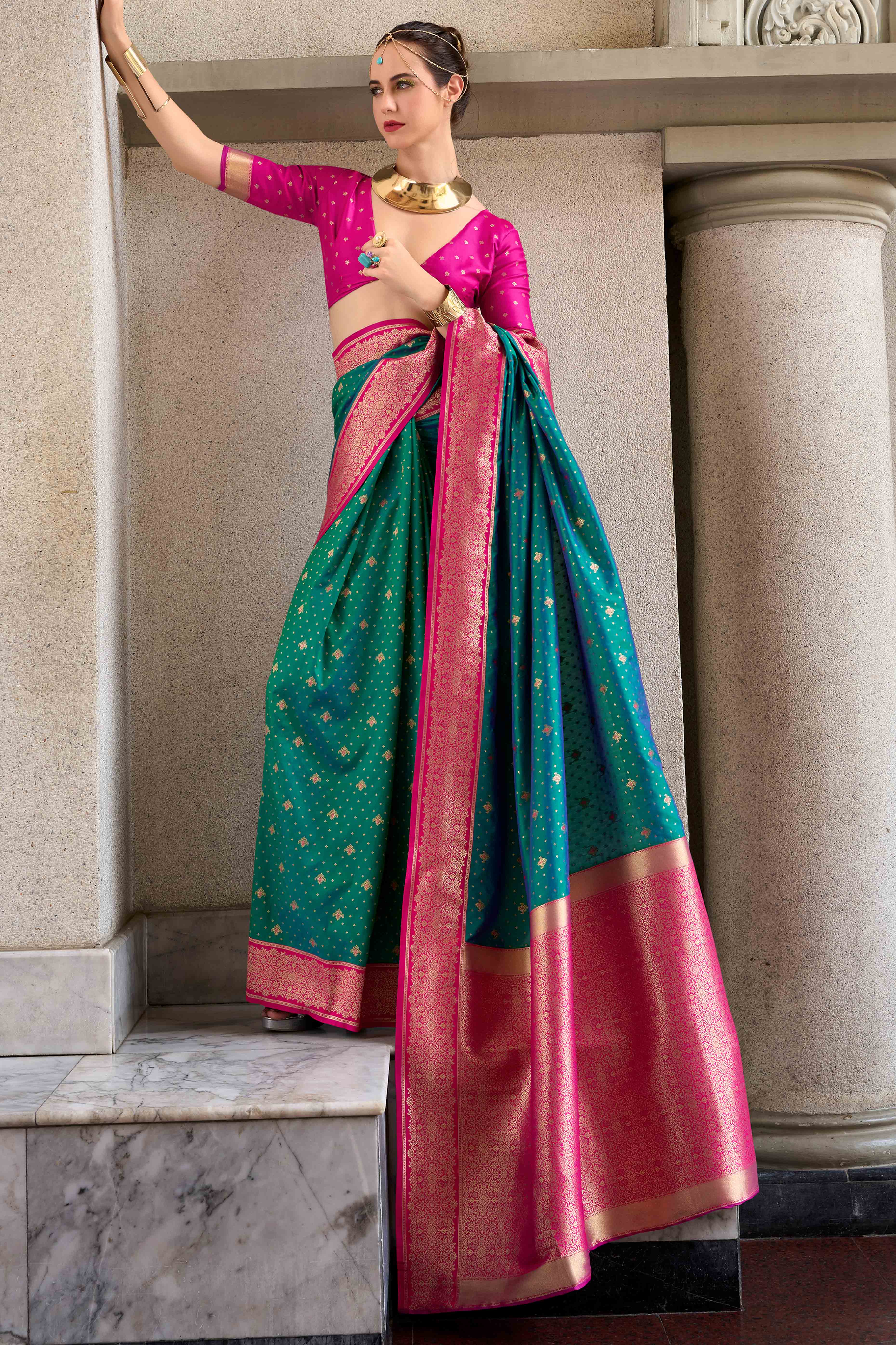 Rama Green Floral Woven Pure Silk Saree - Image 3