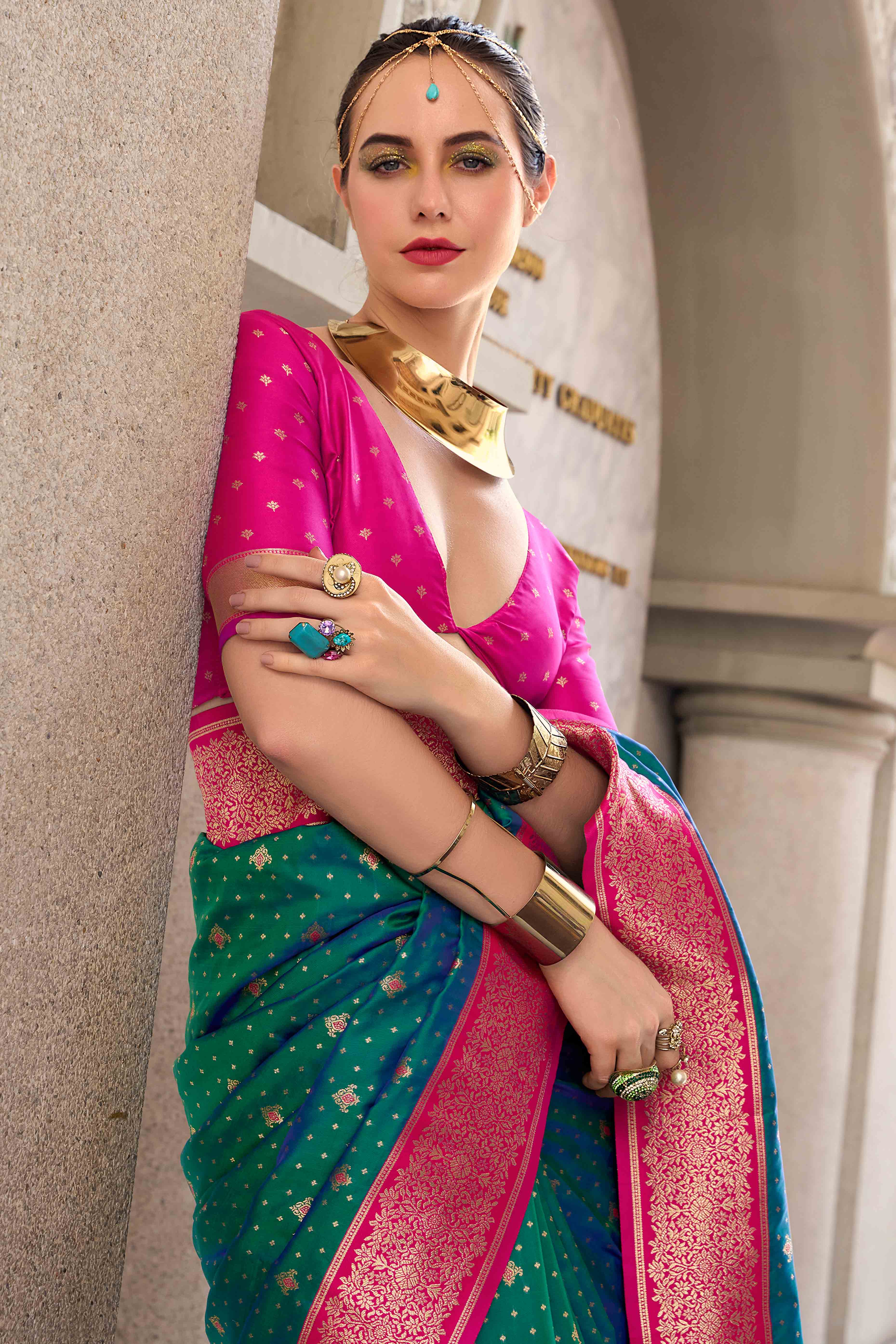Rama Green Floral Woven Pure Silk Saree - Image 4